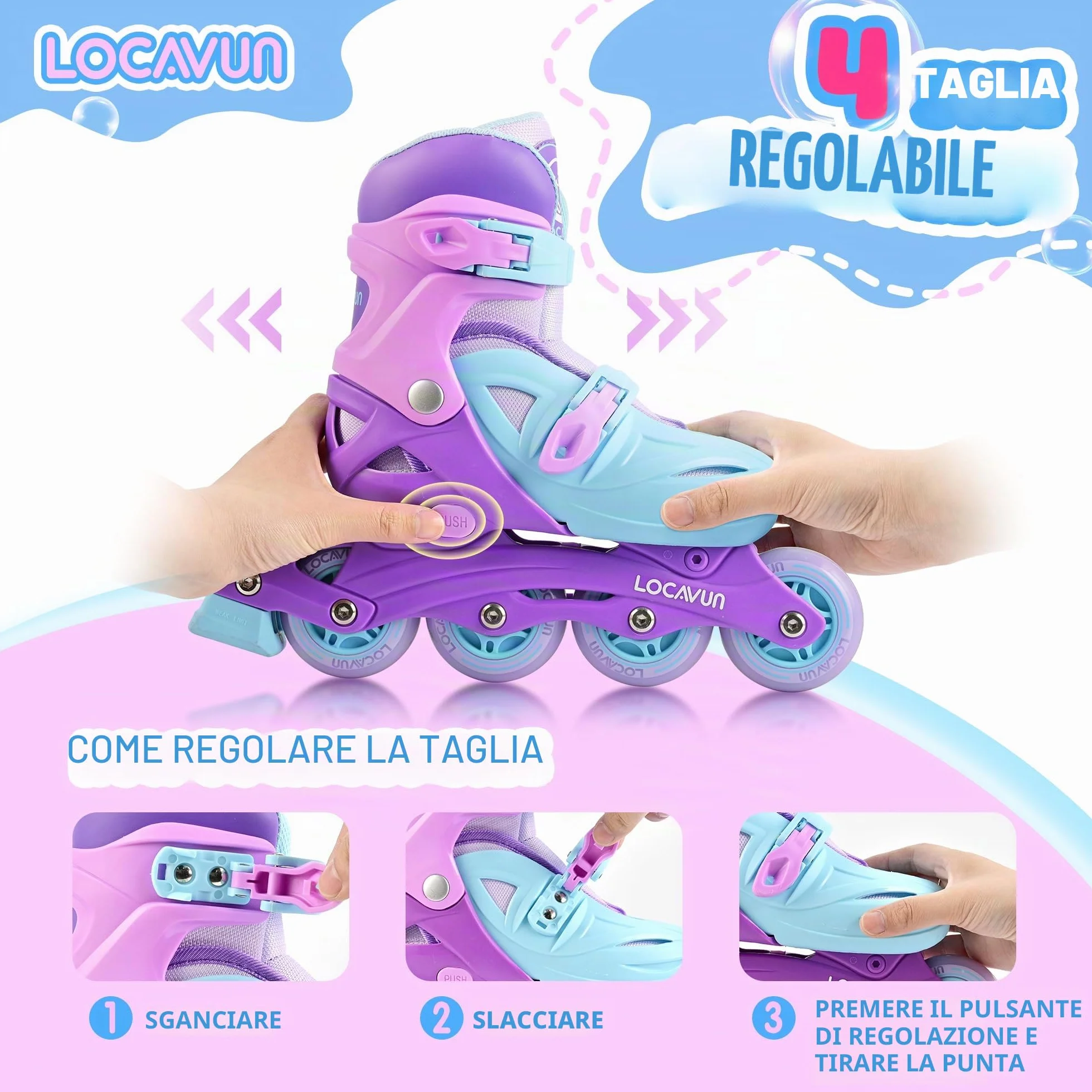 Pattini in linea 4 misure regolabili ruote PU 82A per bambini