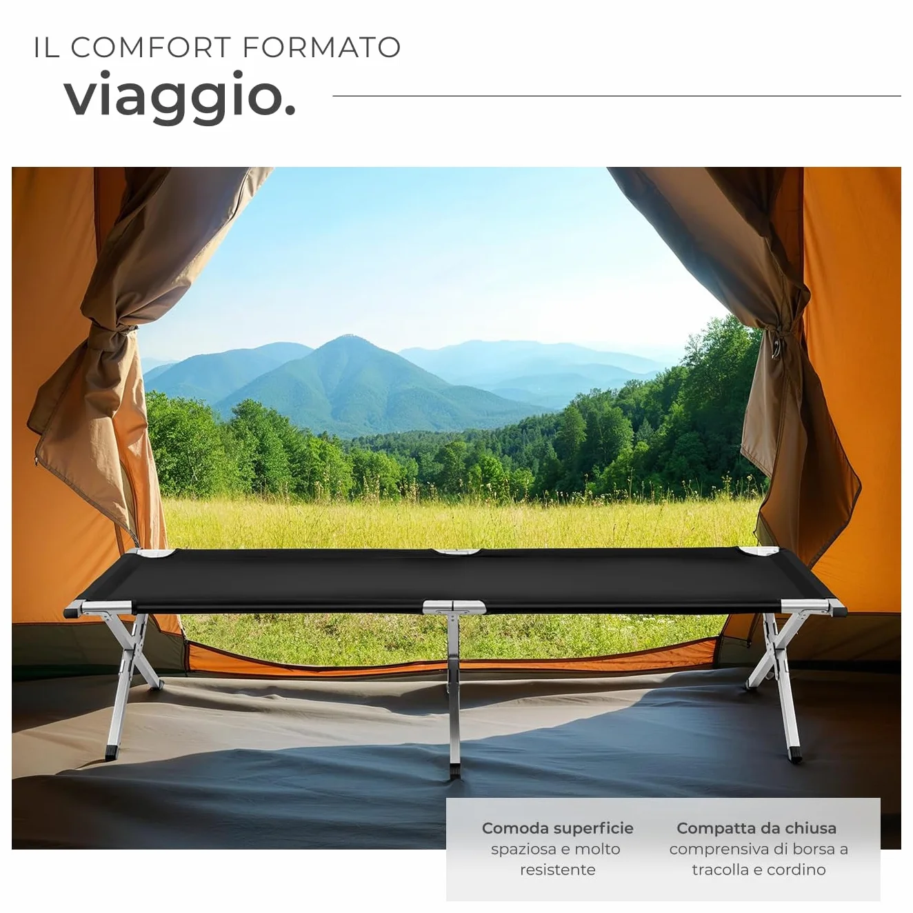 Tectake Lettino da Campeggio in Alluminio Pieghevole Portatile con Borsa, Portata 150 kg, Nero