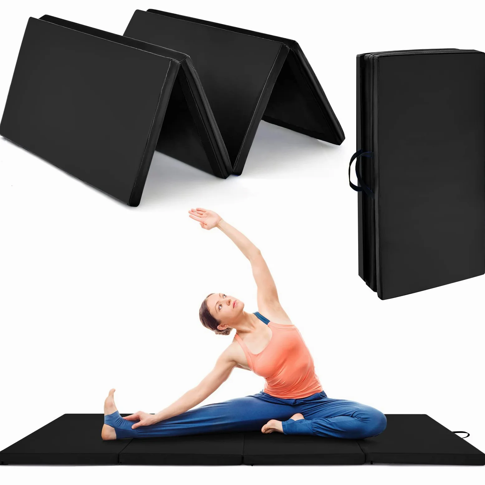 COSTWAY Tappetino da Ginnastica con Maniglia, Gancio, Chiusura a Cerniera e Copertura in Pelle PU Staccabile, Tappetino da Esercizio Pieghevole per Yoga, Stretching e Aerobica