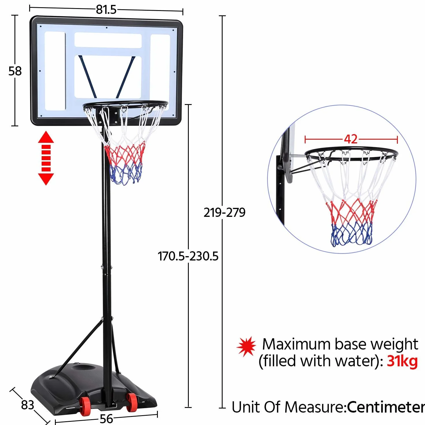 Yaheetech Canestro Basket Altezza Regolabile 219-279 cm Esterno Interno Portatile