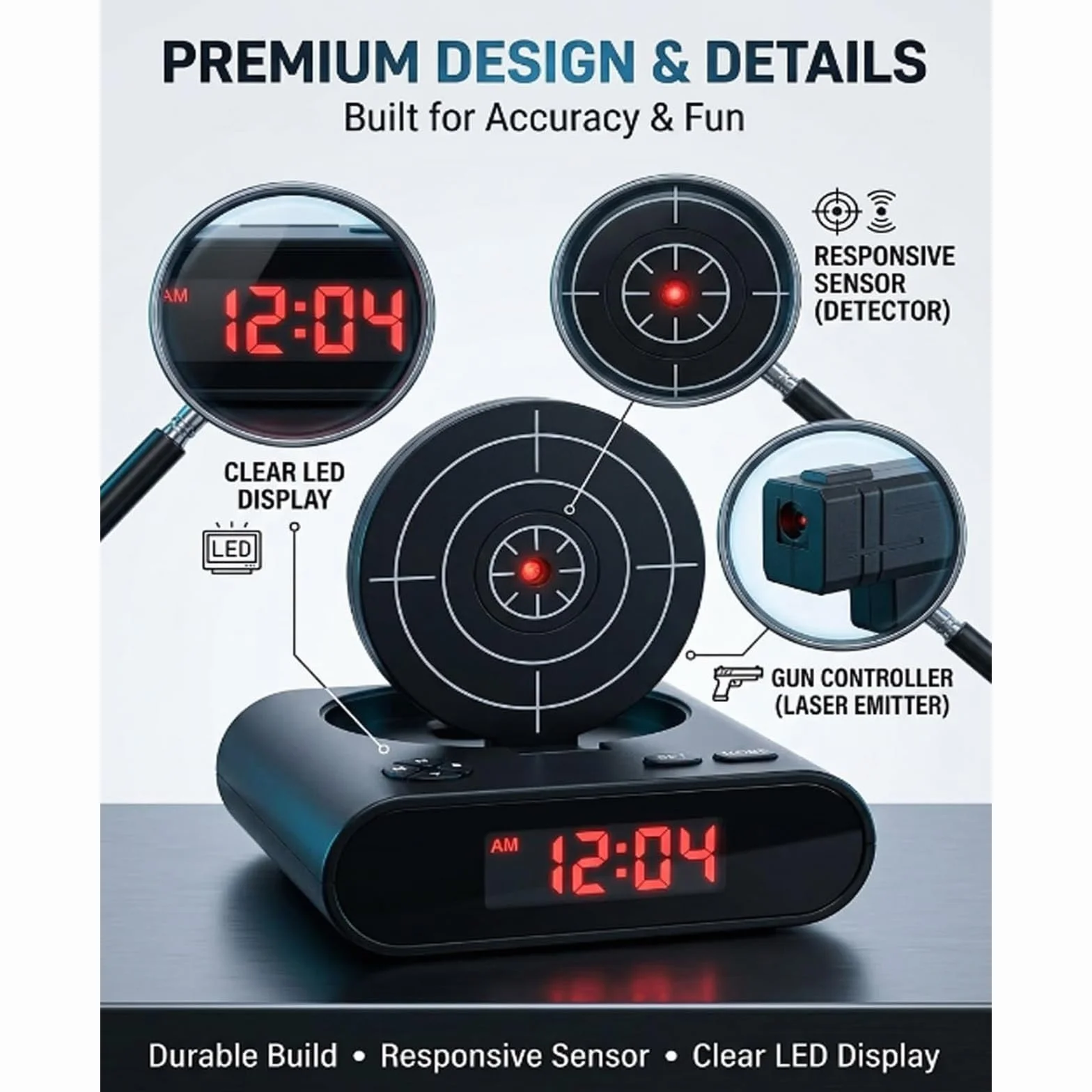 Sveglia interattiva con pistola e bersaglio, timer digitale LED 2 modalità allarme, orologio personalizzato per sonno pesante (Army Green)