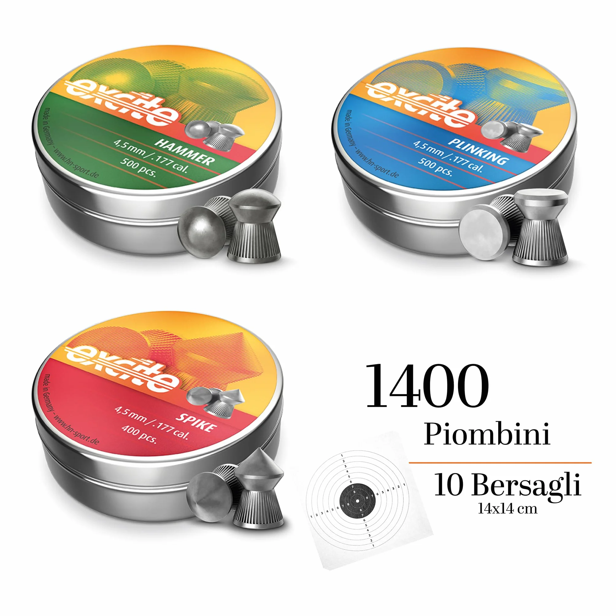 Kit Piombini Softair Cal. 4.5 - Set 3 Scatole HN Hammer, Spike, Plinking + 10 Bersagli 14x14 cm - Pallini Piombo per Carabina e Pistola Aria Compressa, Ideale per Tiro a Segno Sportivo