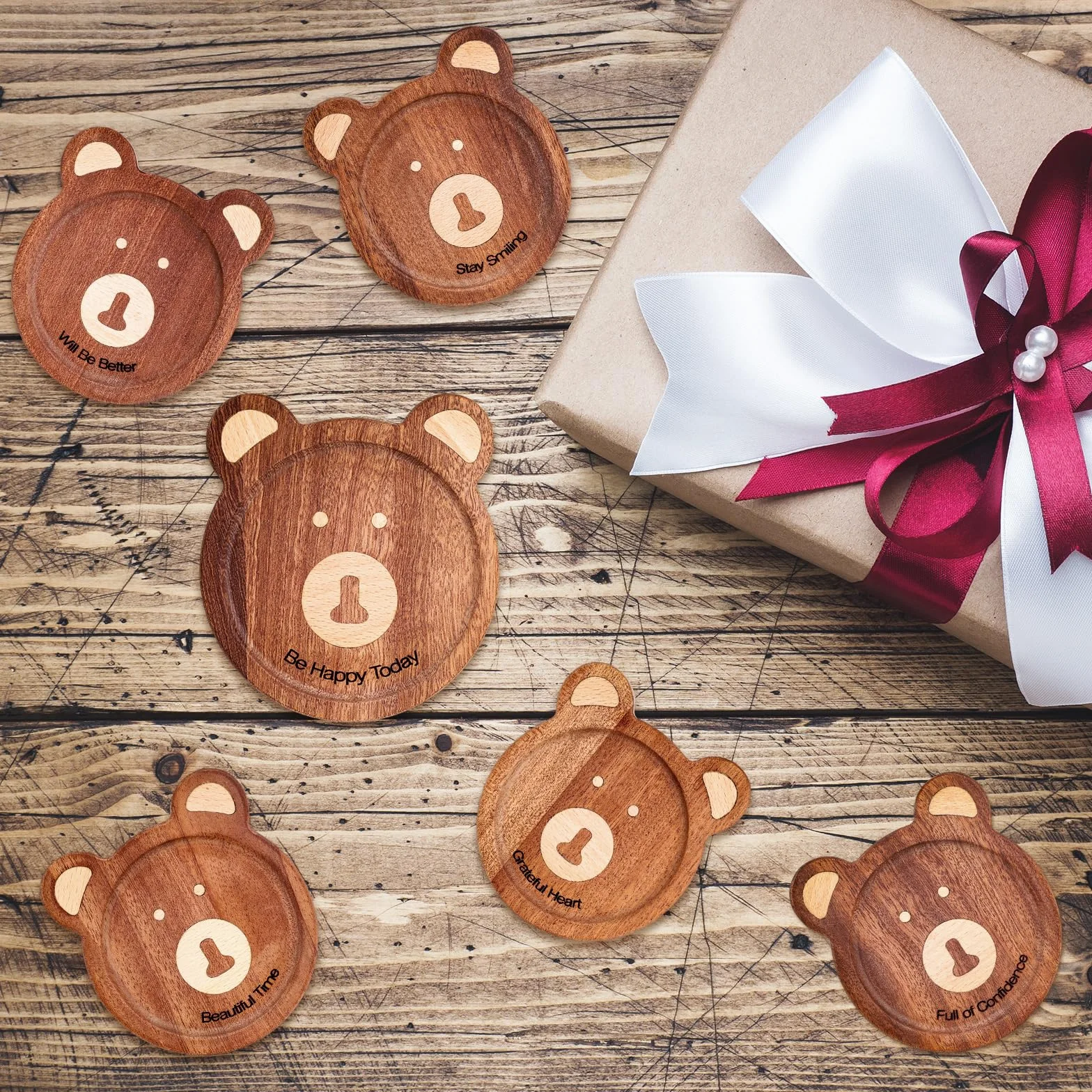 Set 6 sottobicchieri legno rotondi orso incastonato mano 11,5x9,5x1 cm marrone scuro
