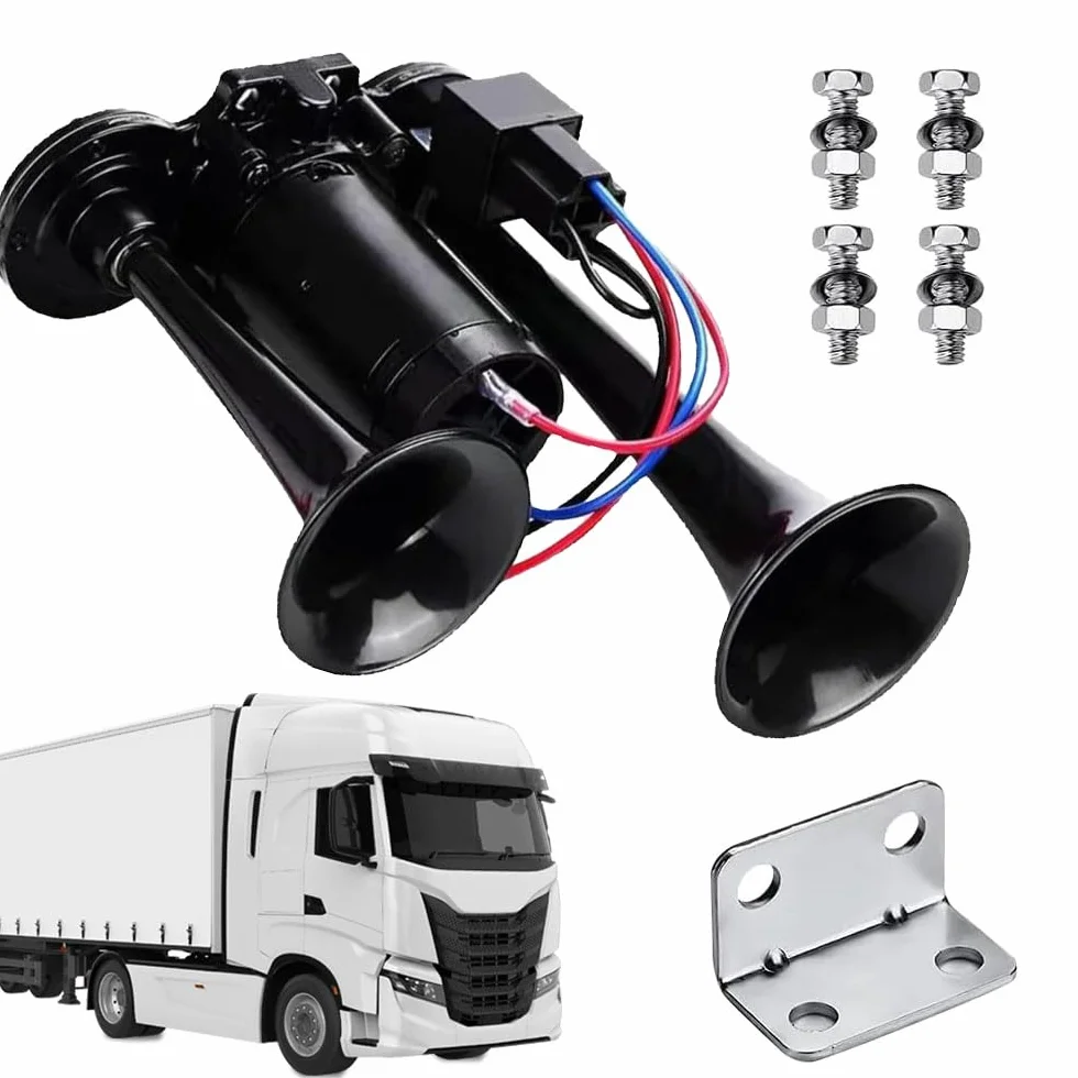 Clacson Auto, Tromba 12V con Compressore per Camion, Trombe Camion 600 DB, Doppio Tubo ad Aria Corno, per Veicoli da 12 V, Camions, Treni, Barche, Moto, Furgone