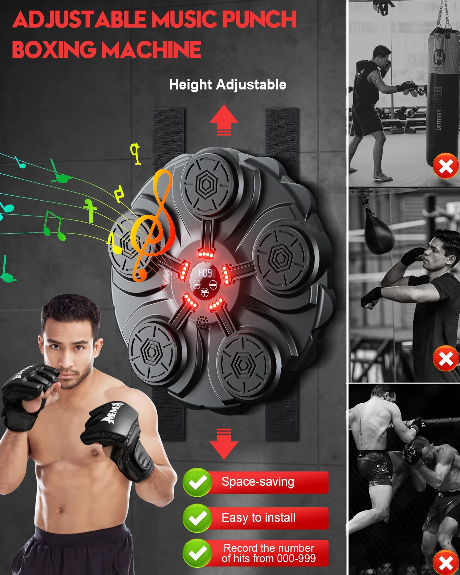 Music Boxing Machine Adulti - 12 modalità di 12 velocità Macchina da BOXEN Musical Pugile con Guanti da Boxe - LED Musica Bluetooth Boxe Allenamento per Casa
