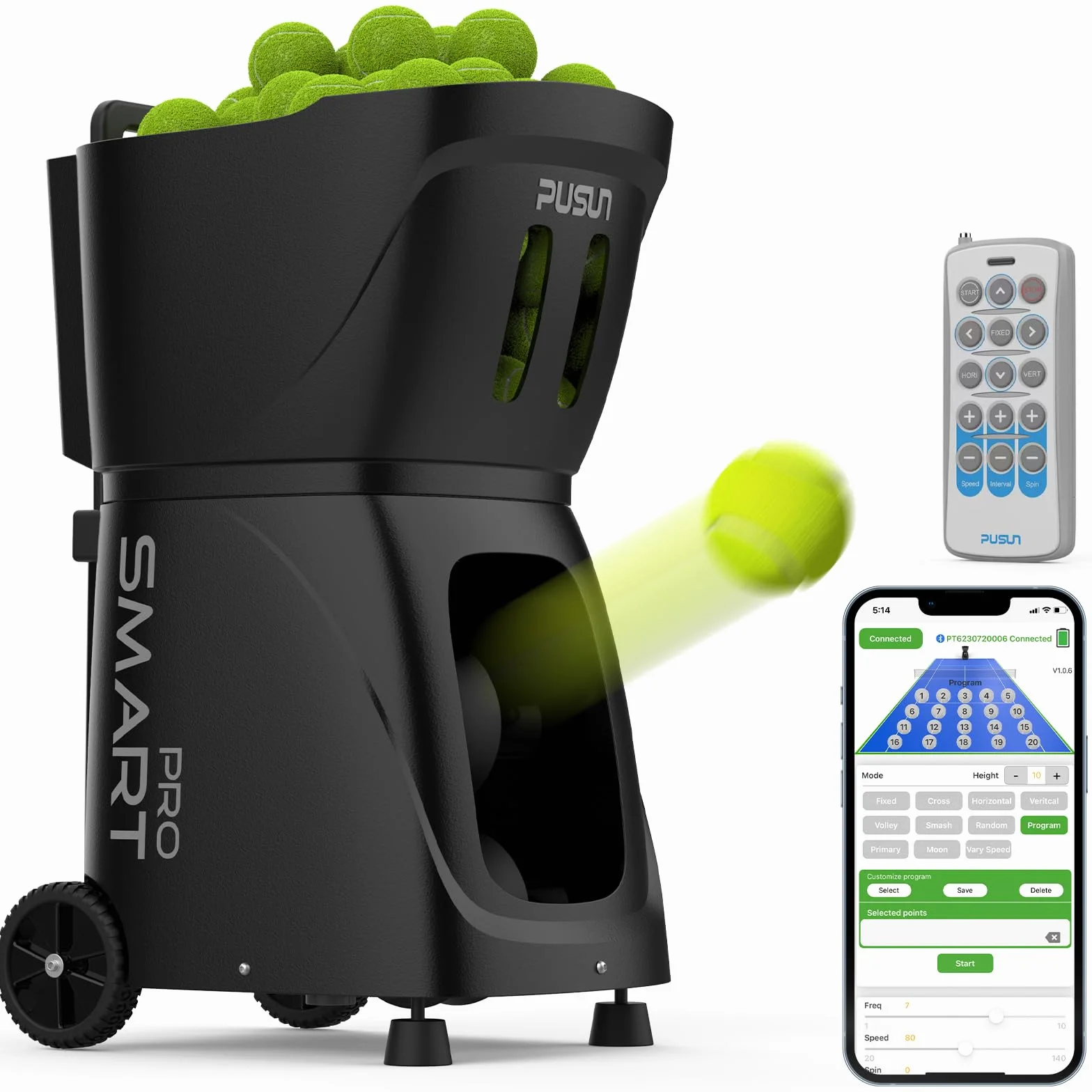 PT-Smart PRO lanciatore automatico di palline da tennis 12-75 MPH rotazione superiore/posteriore/laterale