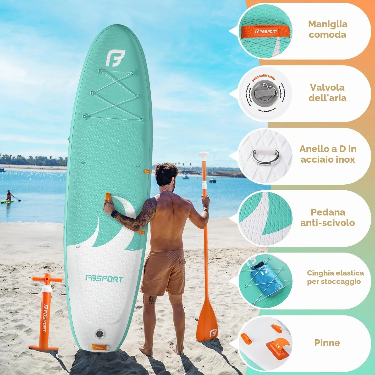 FBSPORT Tavola SUP Gonfiabile 335cm Stand Up Paddle Board Spessa 15cm con Pagaia Regolabile, Zaino, Pompa e Pinna Rimovibile