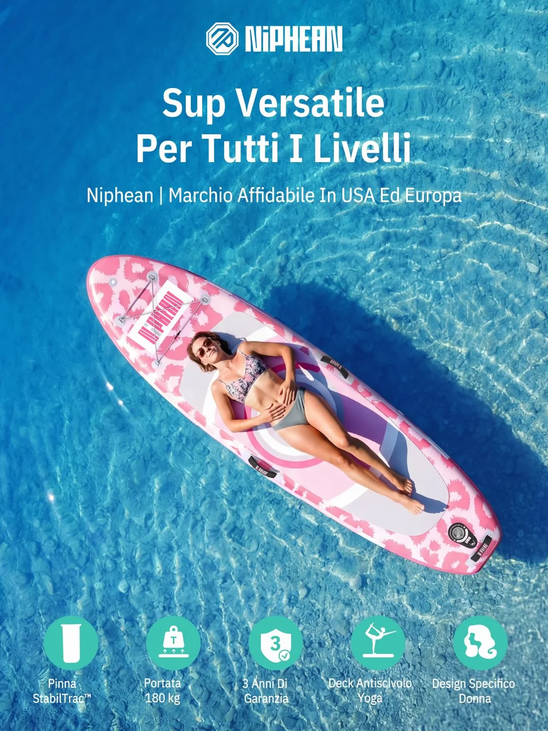 Niphean SUP Gonfiabile con Sedile Ultraleggero Tavola SUP per Donne Pinna StabilTrac Antiscivolo per Yoga Animali Domestici