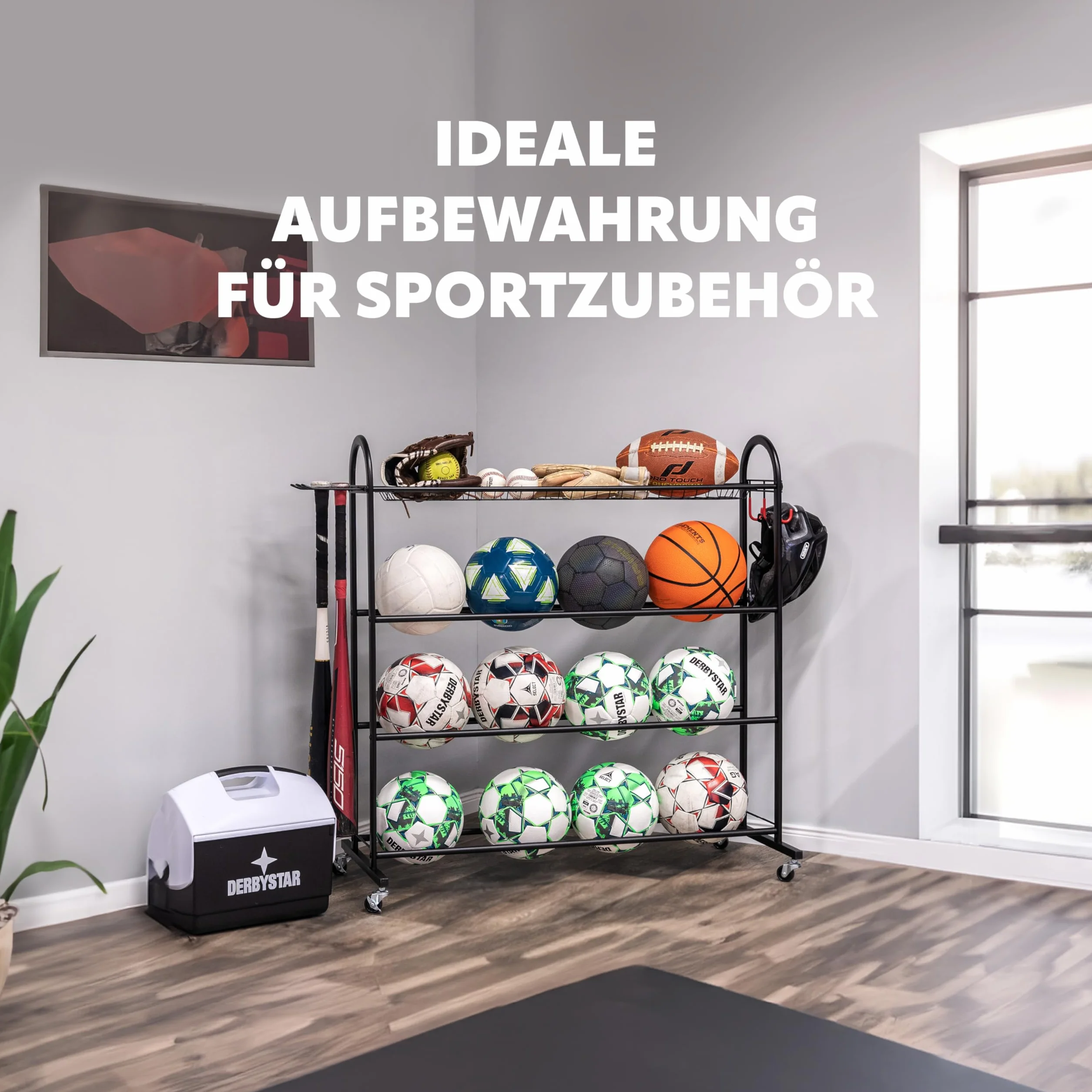 eluno Supporto per conservazione palle sportive in acciaio nero con ganci, per baseball e calcio