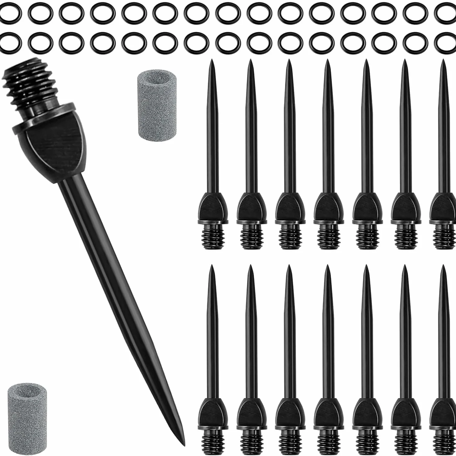 Punte di ricambio per freccette in acciaio nero, 15 pezzi con 30 O-ring in gomma e 2 temperamatite, accessori per giocatori