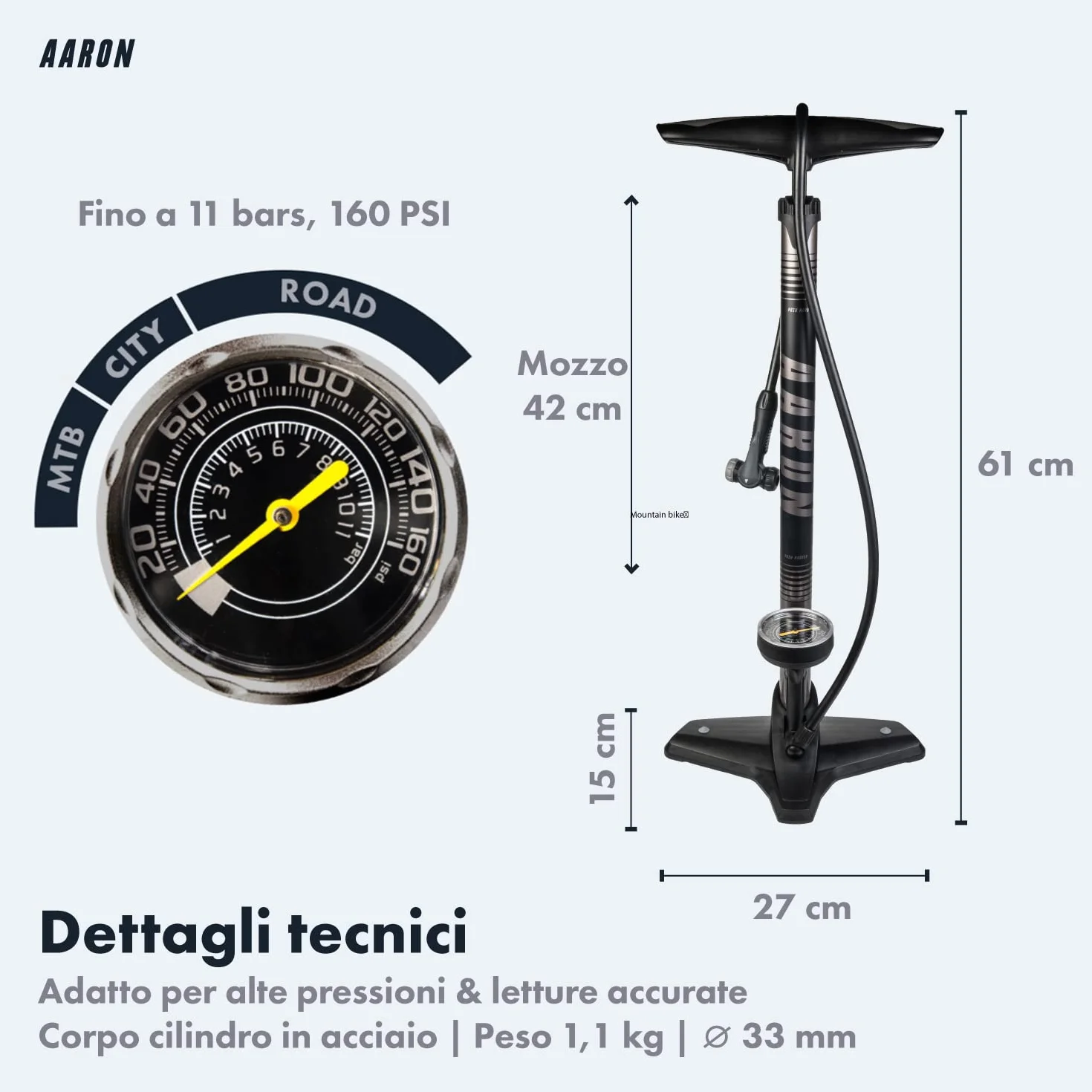 AARON Sport Pompa a Pavimento per Bicicletta Alta Pressione con Manometro per Valvole Bici Elettrica MTB Corsa