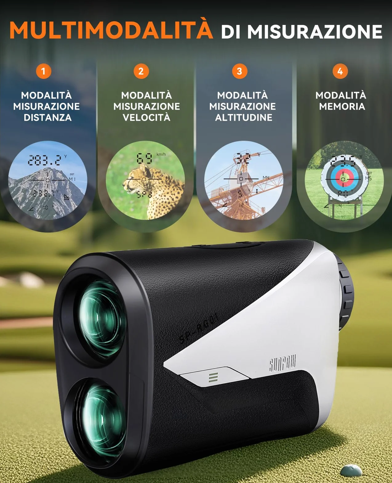 SUNPOW Telemetro Laser 7X Alta Precisione per Golf e Caccia, 1200 Iarde / 1000 Metri, con Pendenza, 5 Modalità, Blocco Asta Bandiera, Vibrazione e Batteria Ricaricabile