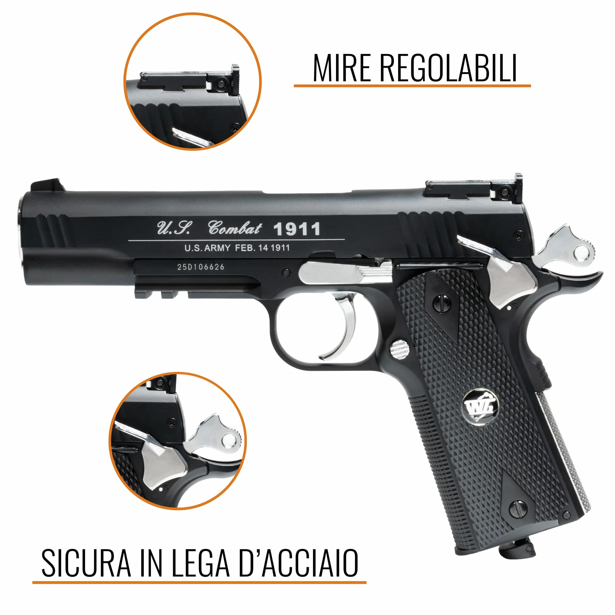 Pistola Softair WG Combat 1911 CO2 Full Metal, 1000 Pallini 6mm, nero