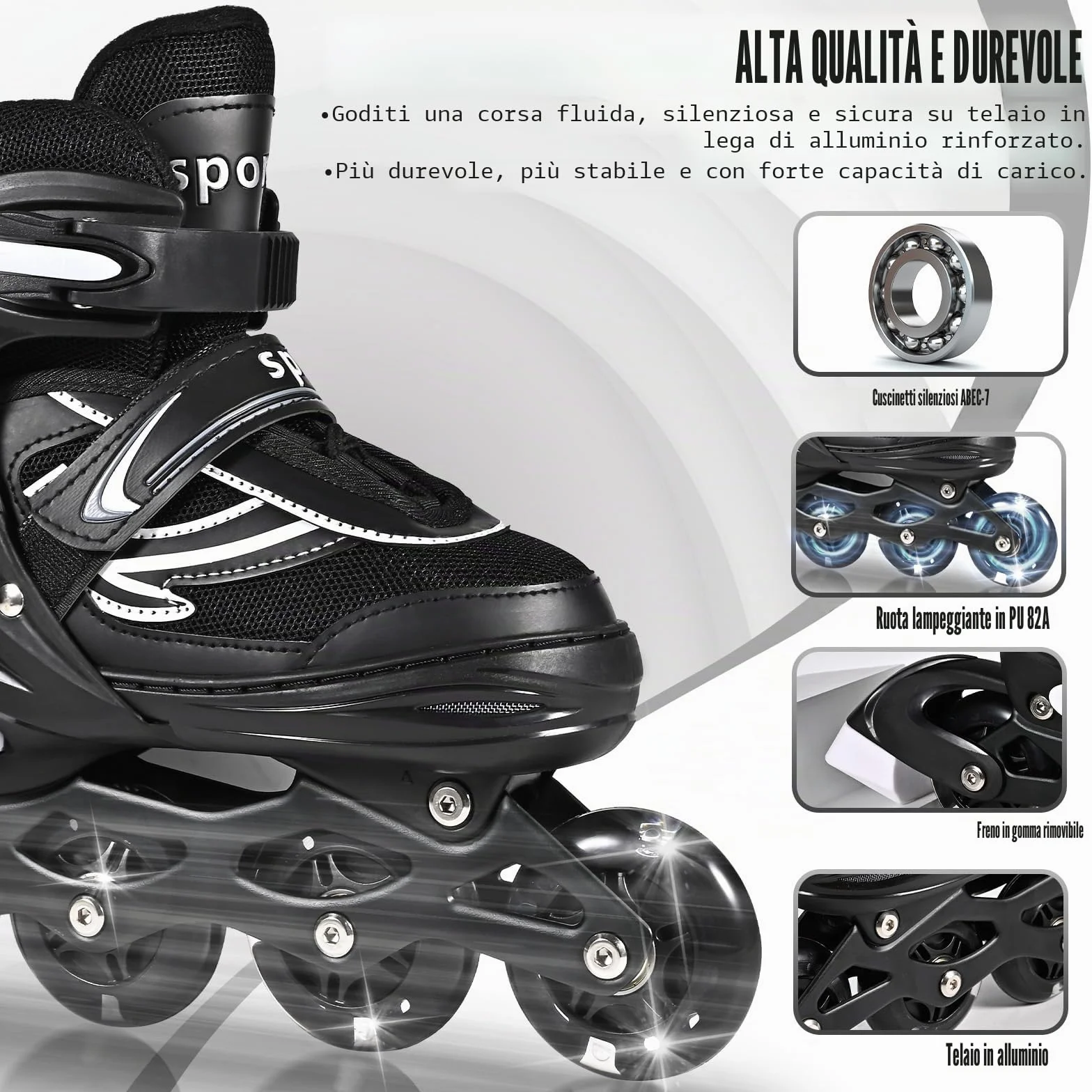 Pattini in linea regolabili per bambini e adulti con ruote luminose 4 ruote