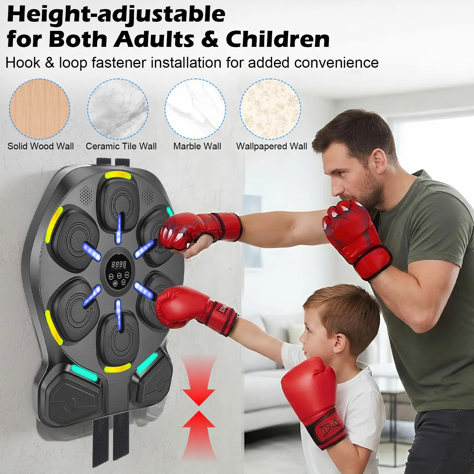 Macchina da boxe con musica, montaggio a parete, 9 modalità e 9 livelli di velocità, allenatore musicale con illuminazione a LED e Bluetooth, guantoni da boxe, per casa, ufficio e palestra