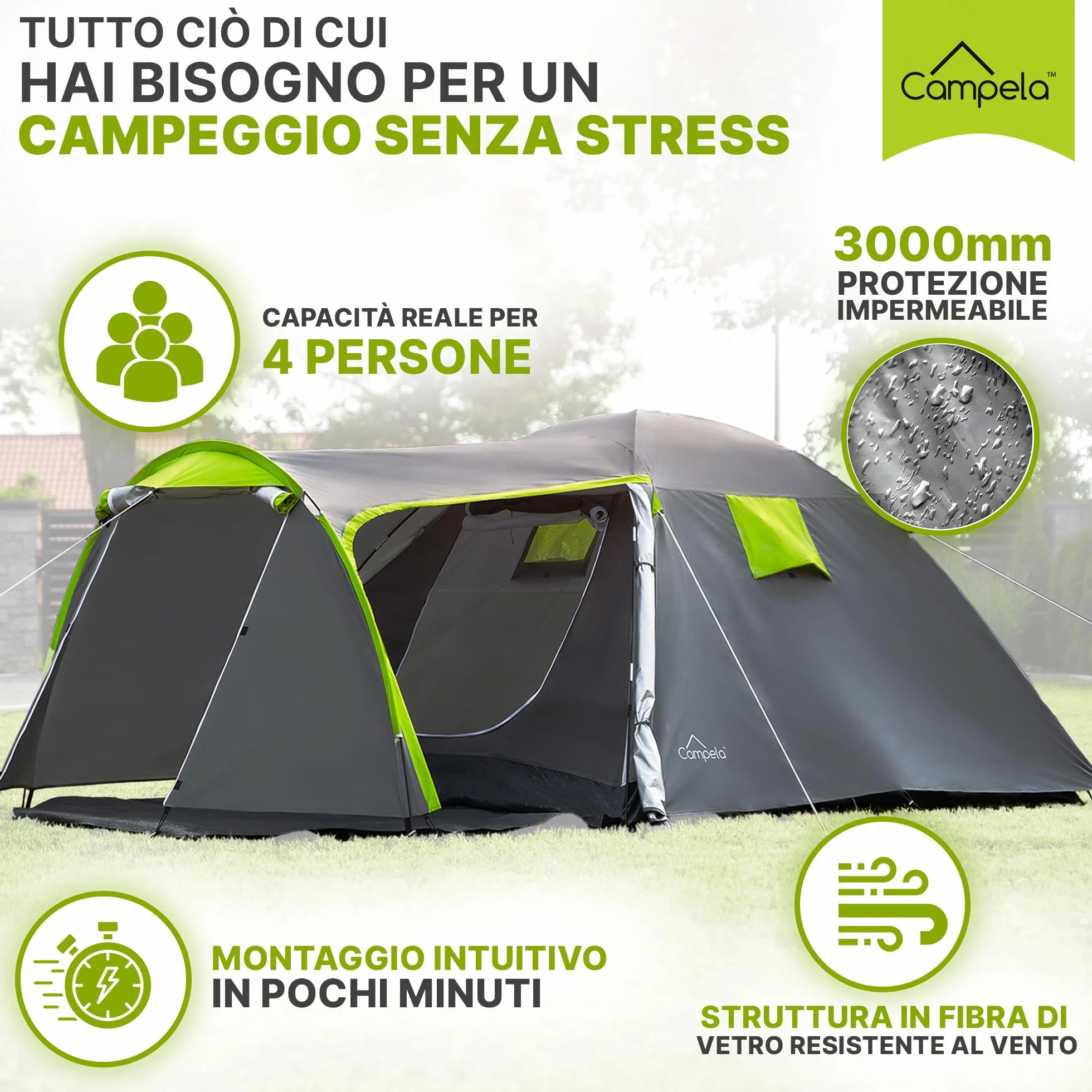 Tenda da Campeggio 4 Posti Impermeabile 3000 mm Doppio Tetto Vestibolo Ampio 2 Ingressi Zanzariera Poliestere 190T Telaio Fibra di Vetro 4,1 kg