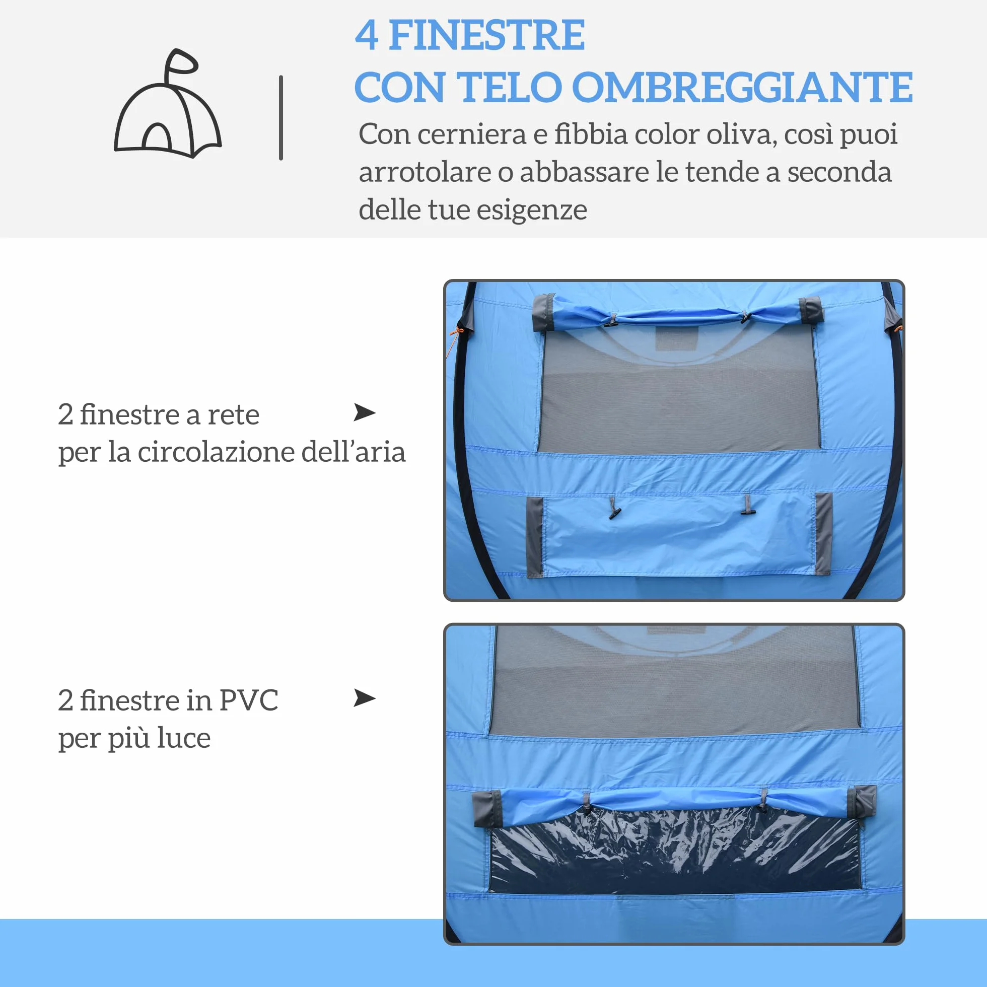 Outsunny Tenda da Campeggio Pop Up 4 Persone 2000mm Anti UV 20+ 263.5x220x123 cm Blu