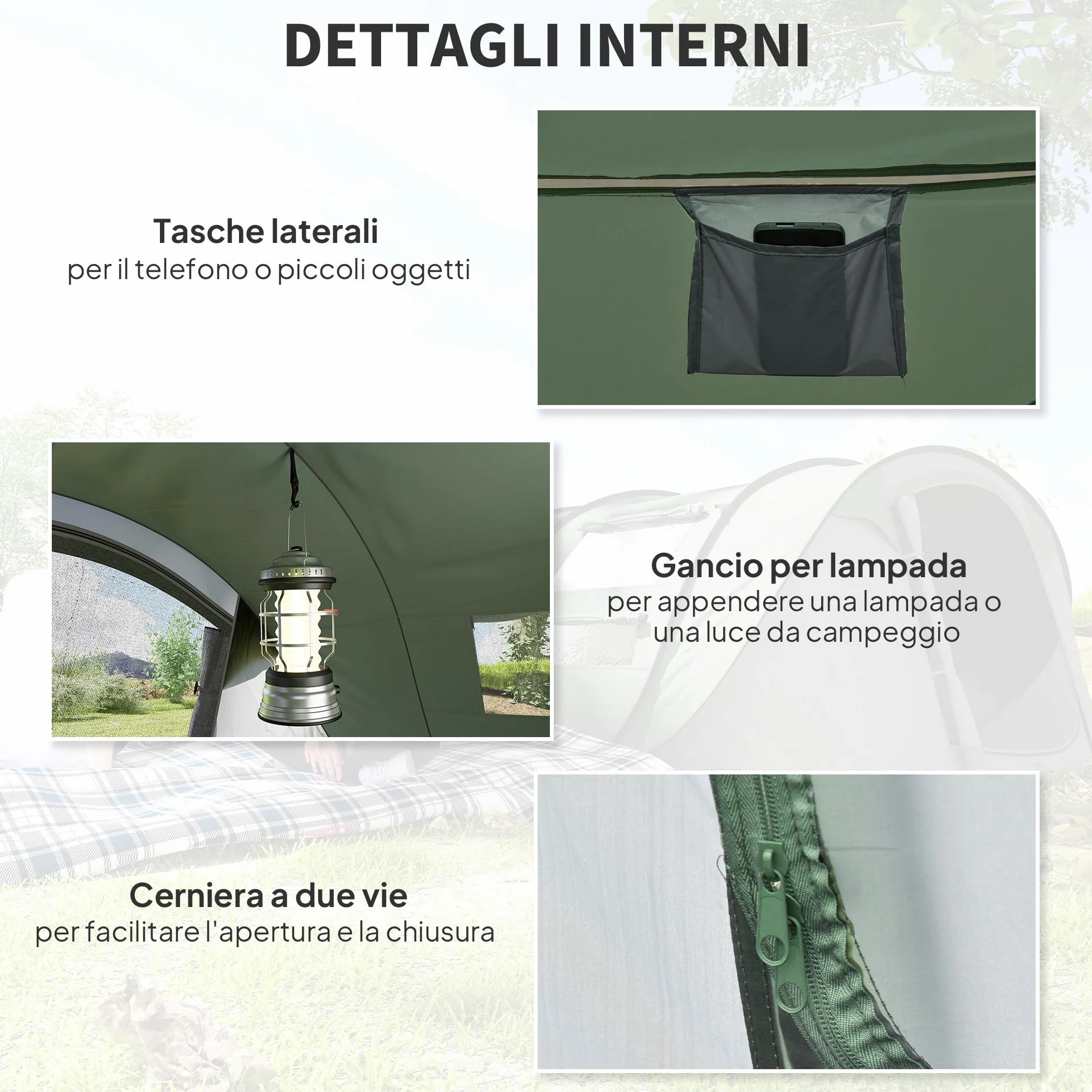 Outsunny Tenda da Campeggio Pop Up 2 Posti Impermeabile 263.5x220x123 cm Verde Scuro