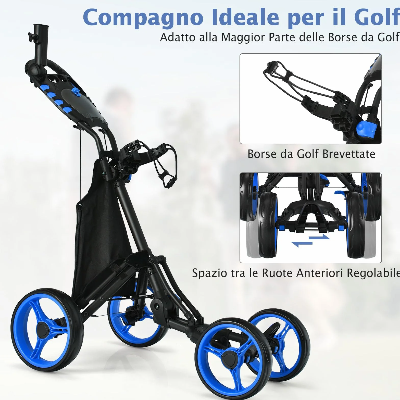 COSTWAY Carrello da Golf Pieghevole Leggero 4 Ruote con Borsa Impermeabile, Freno a Pedale, Porta Tazza e Porta Ombrello
