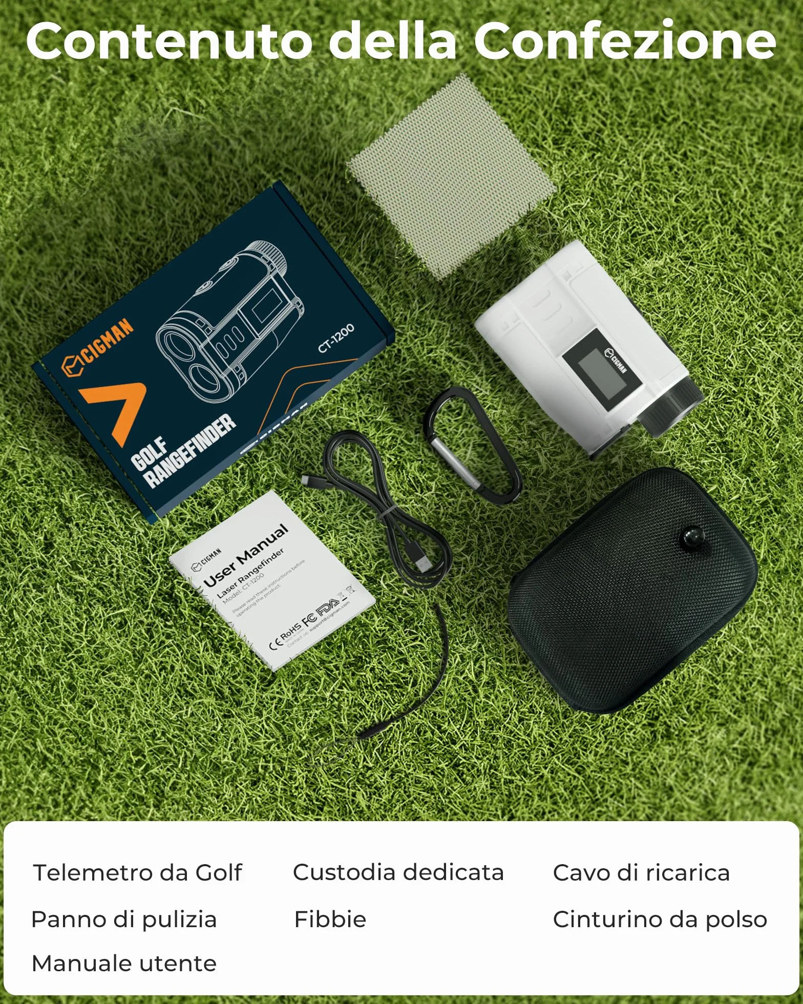 CIGMAN Telemetro Golf/Caccia Da 1200M con Display LCD Telemetri da Golf, con Pendenza,Ricaricabile via USB,Bloccaggio Degli Alberi Bandiera, Funzione magnetica inclusa, Accessori da golf