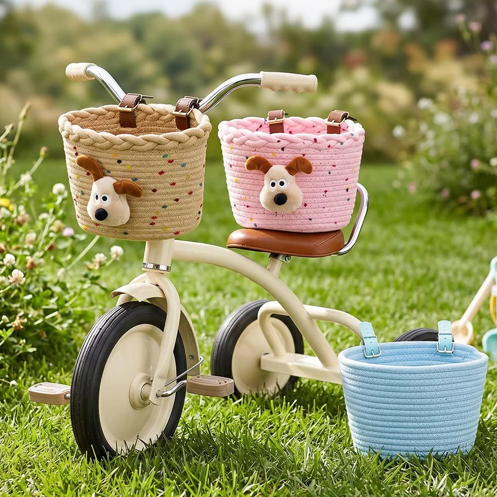 Cestino per bicicletta per bambini in corda di cotone con cinghie in pelle