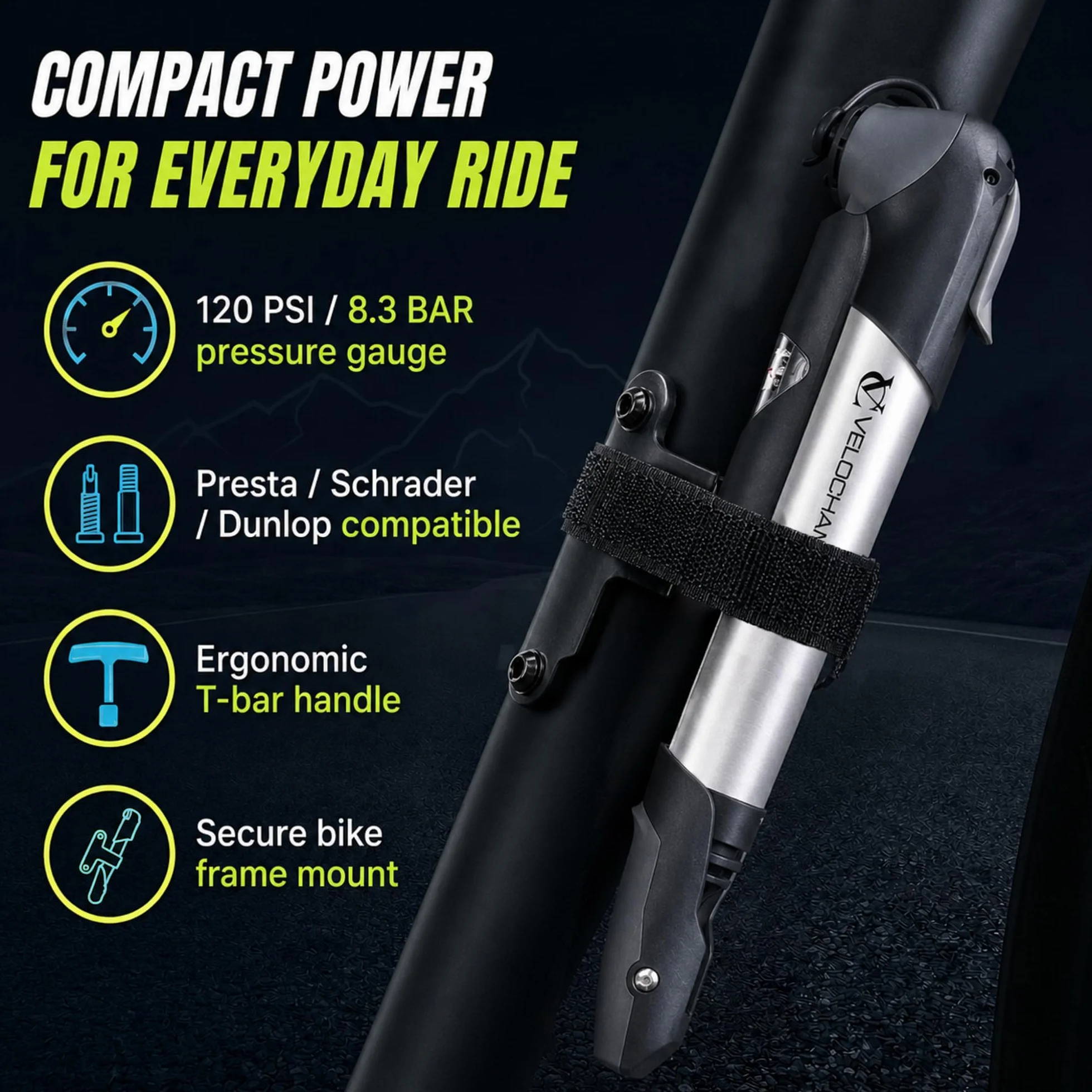 VeloChampion Alloy 9 mini pompa da bici con manometro 120 PSI 8,2 BAR Presta Schrader Dunlop MTB strada e-bike