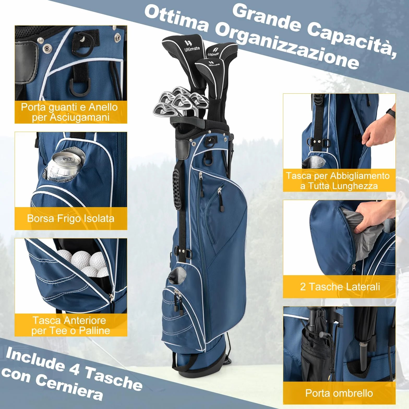 GYMAX Borsa da Golf con Cavalletto 20,5 x 14 x 125 cm
