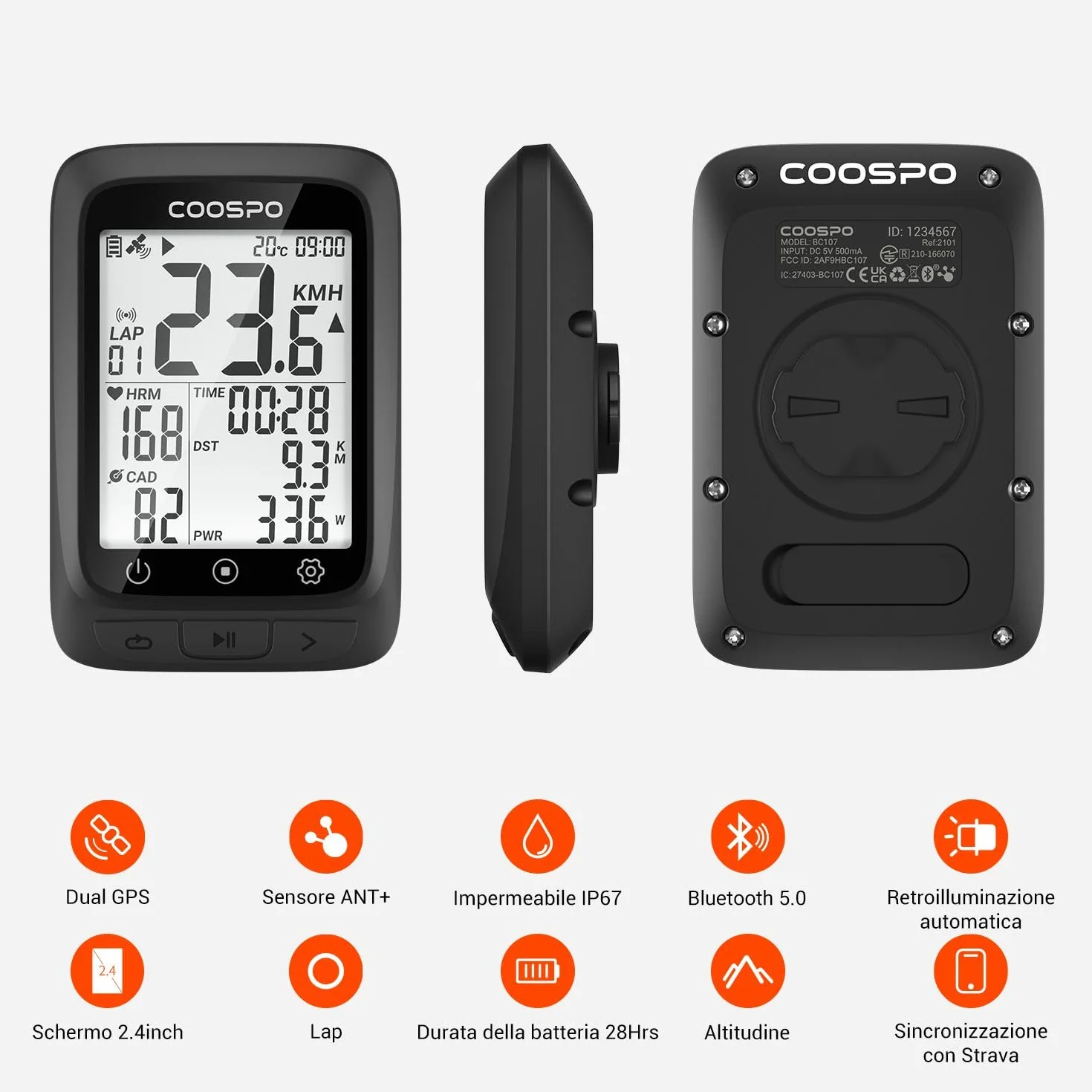 COOSPO BC107 Ciclocomputer GPS Senza Fili Bluetooth ANT+ IP67 Impermeabile Display 2,4 pollici