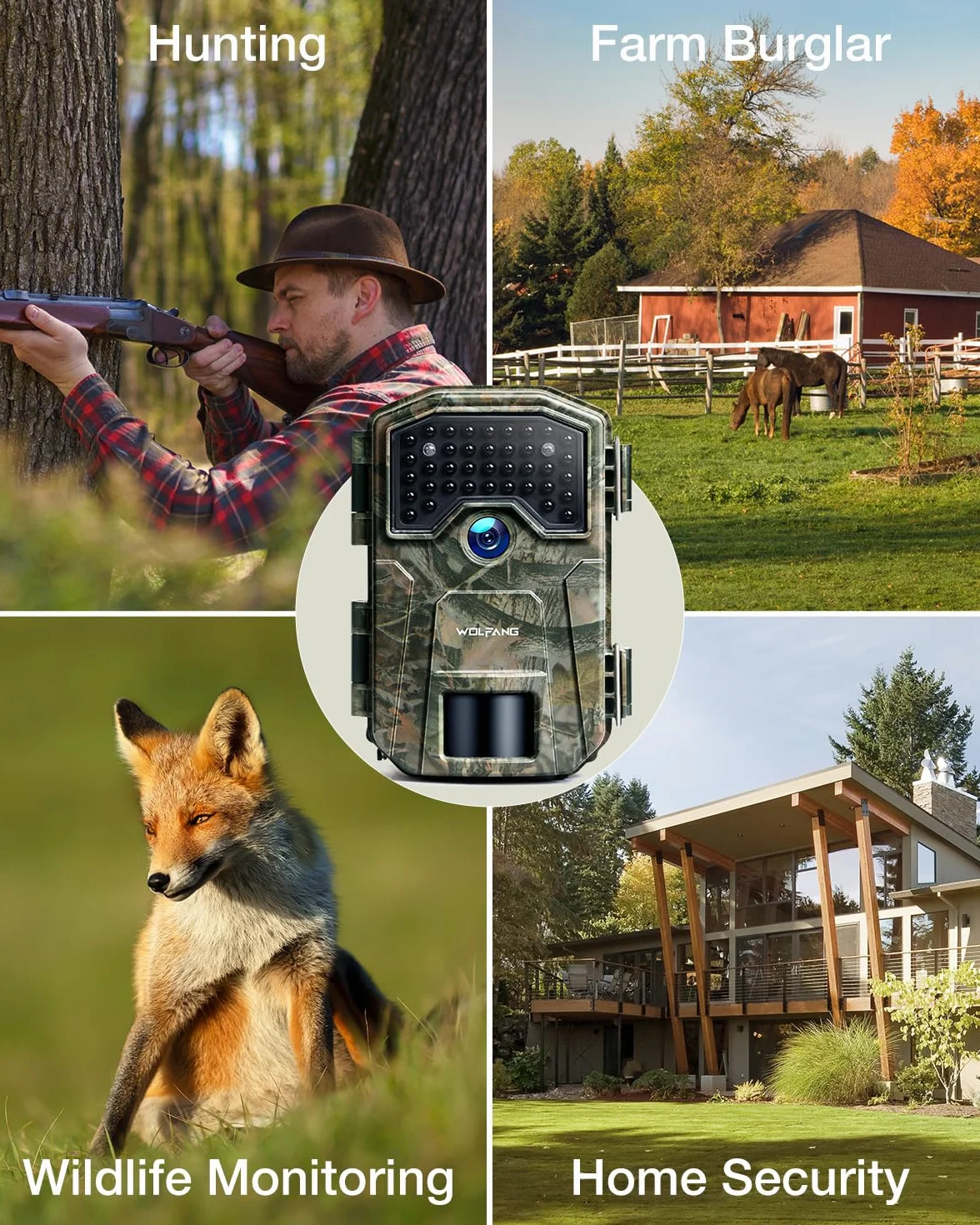 WOLFANG Fototrappola 4K 48MP 30fps con LED Infrarossi 940nm IP66 Rilevatore di Movimento