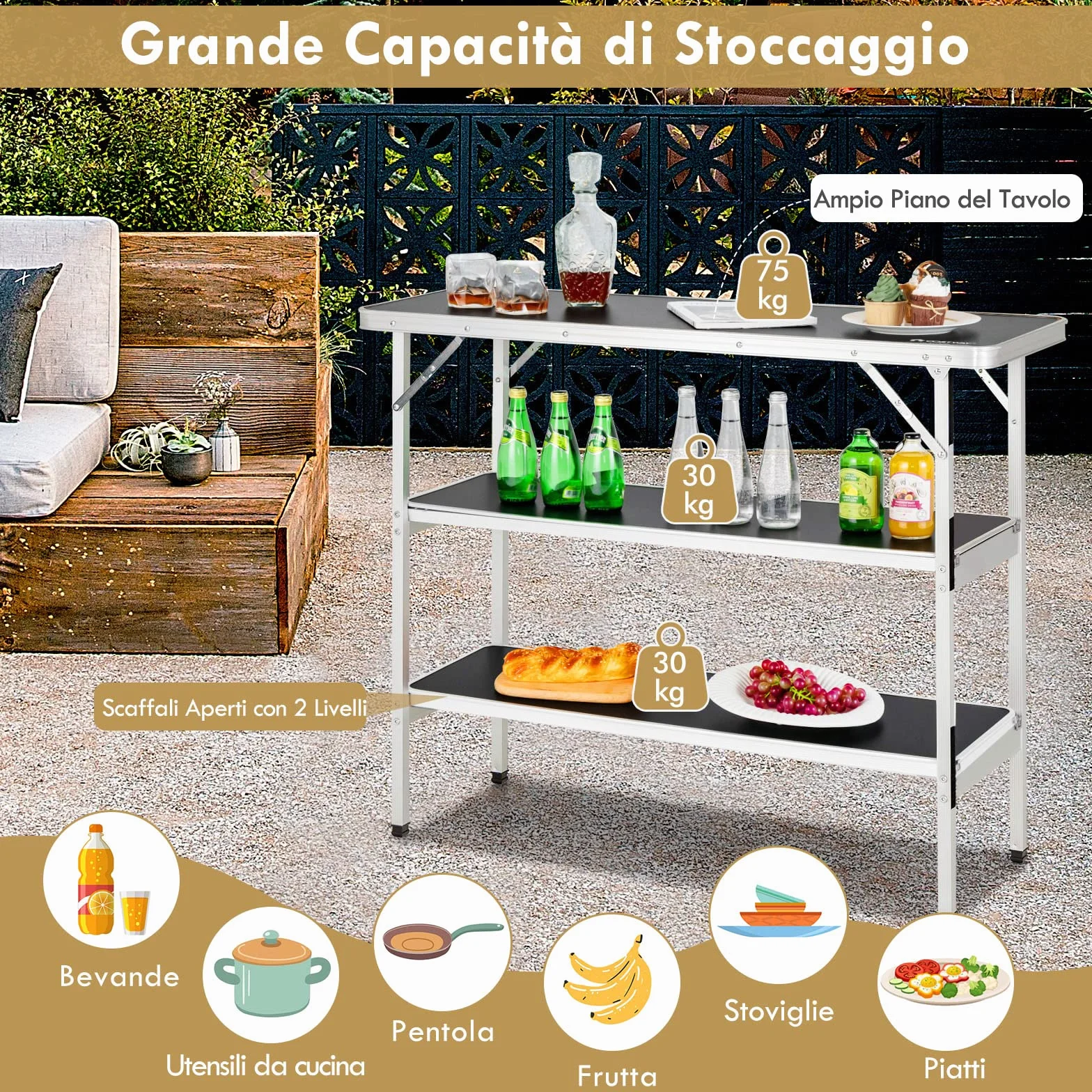 COSTWAY Cucina da Campeggio Pieghevole con Telaio in Alluminio 3 Ripiani Borsa Trasporto Nero