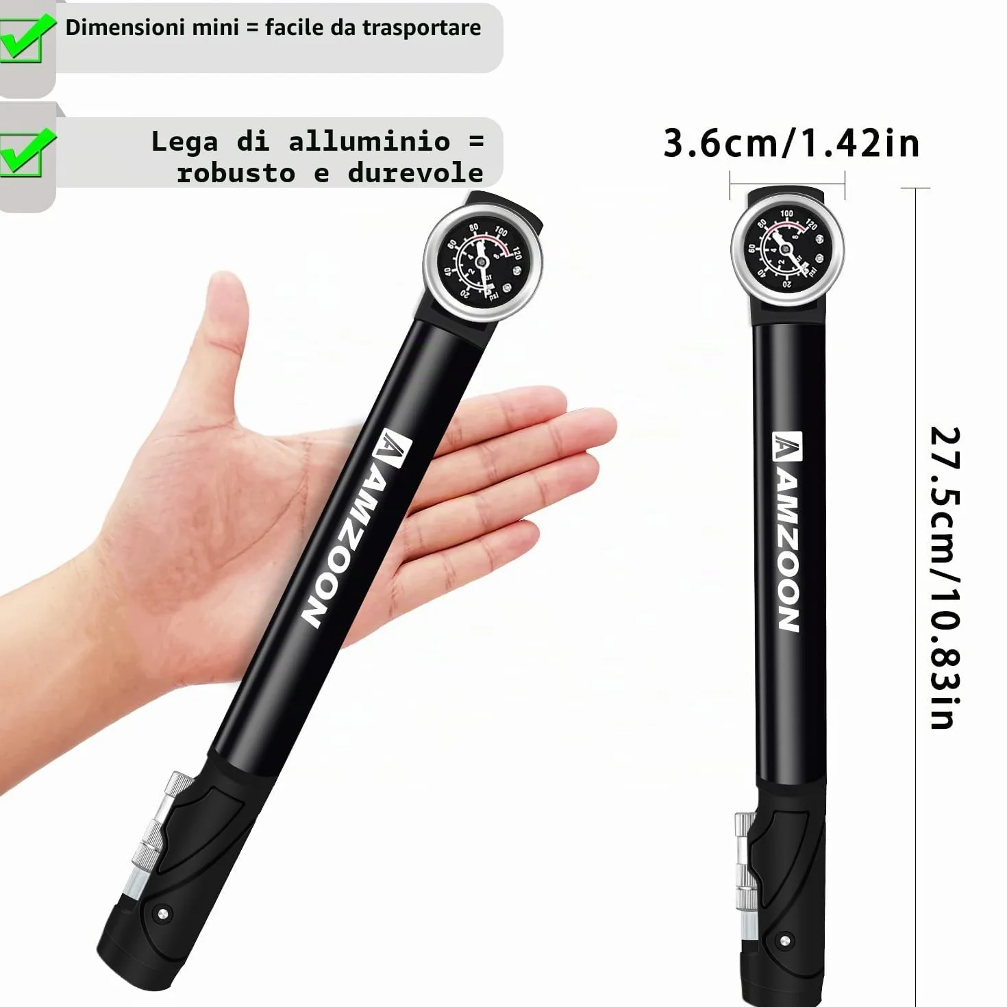 Pompa per bicicletta con manometro tubo allungato Schrader Presta ago gonfiaggio Velo