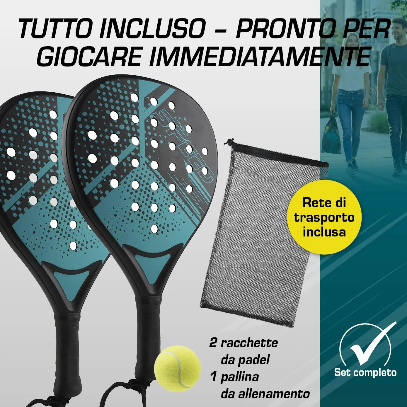 Set racchette da padel DoYourSports 2 racchette leggere con palla rete impugnatura antiscivolo