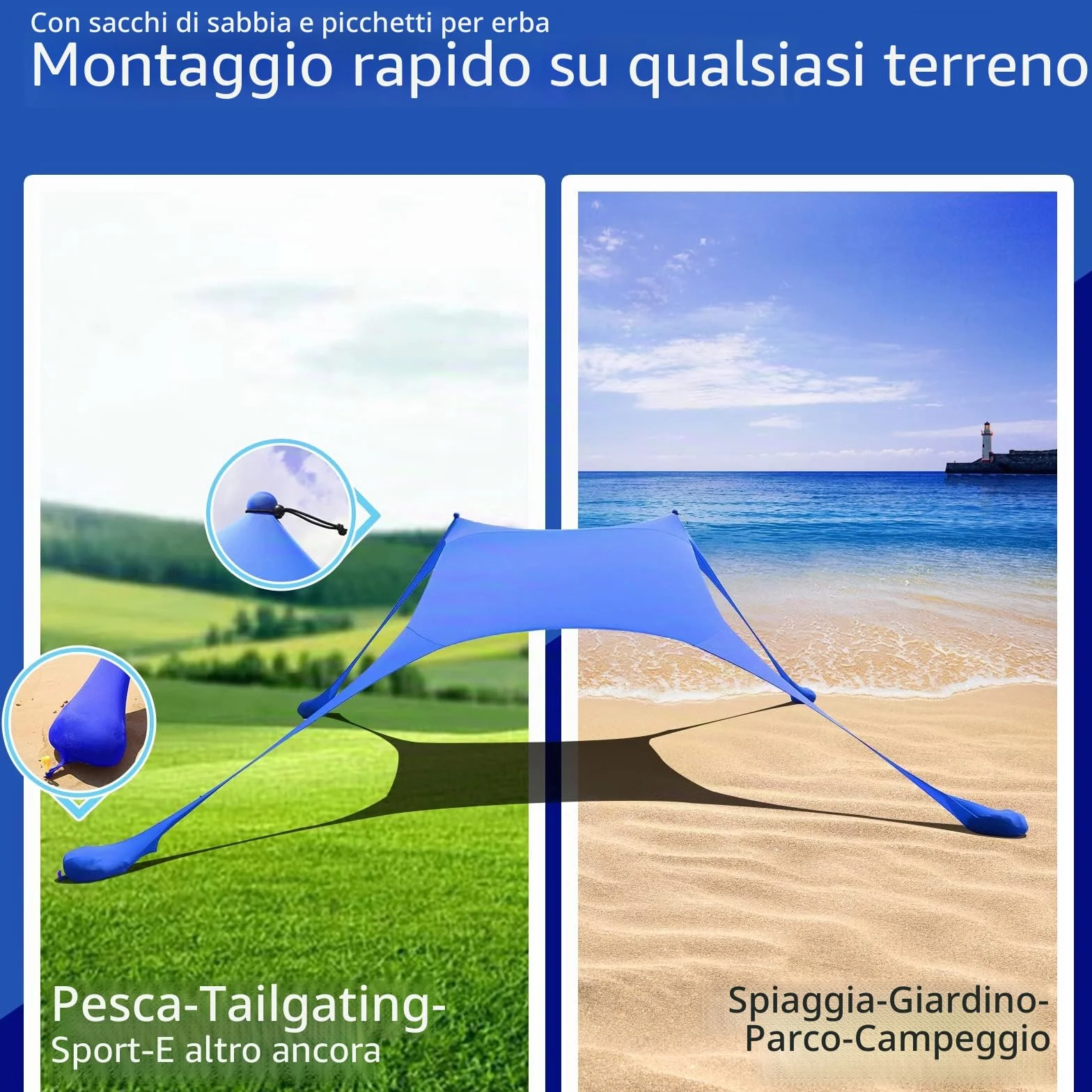 Tenda da spiaggia UPF50+, protezione UV, piccola tenda da sole per esterni, con 2 pali per campeggio, spiaggia, pesca, cortile e picnic