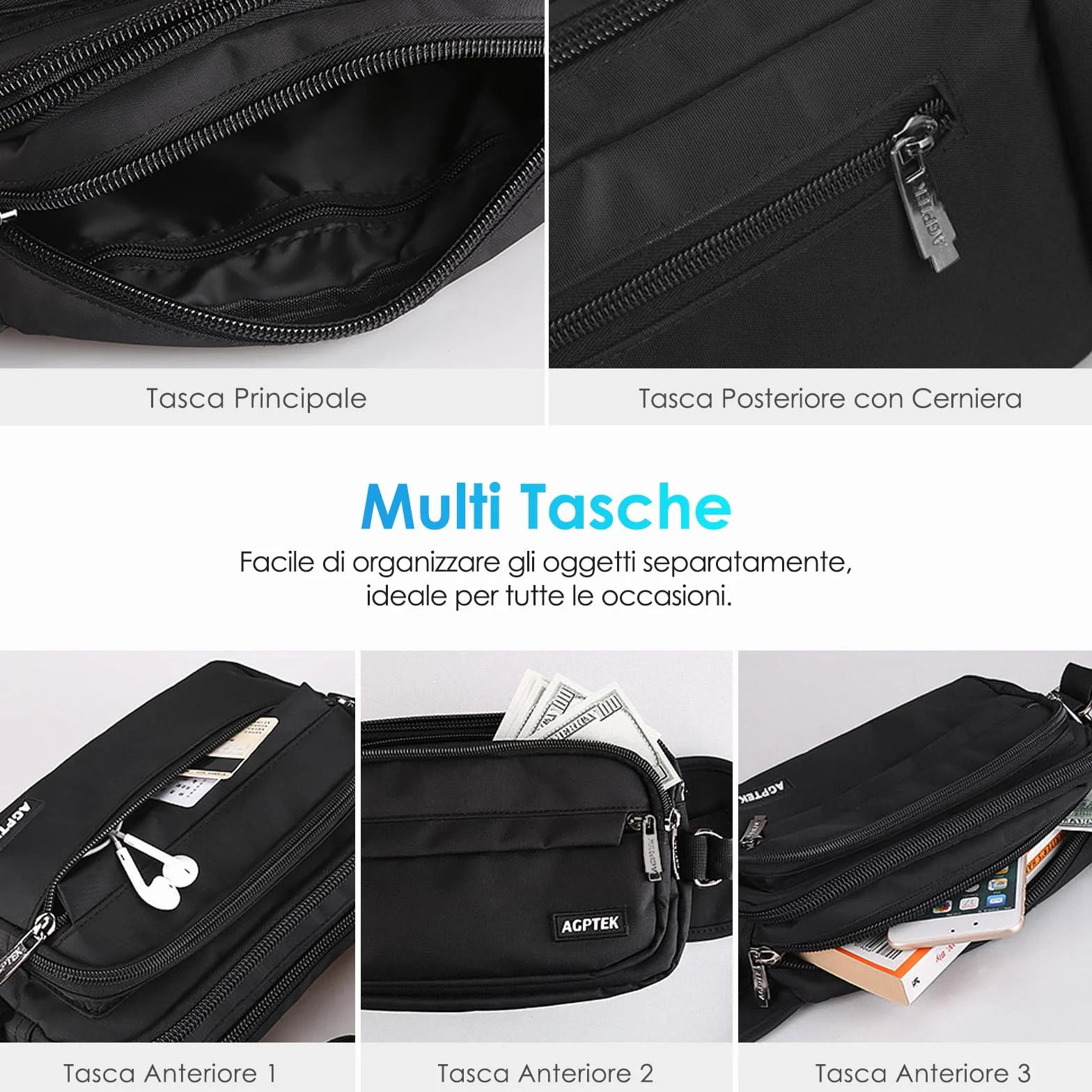 AGPTEK Marsupio Sportivo Uomo Donna 5 Tasche Lavoro Grande RFID Portasoldi Cintura Regolabile Corsa Campeggio Viaggio