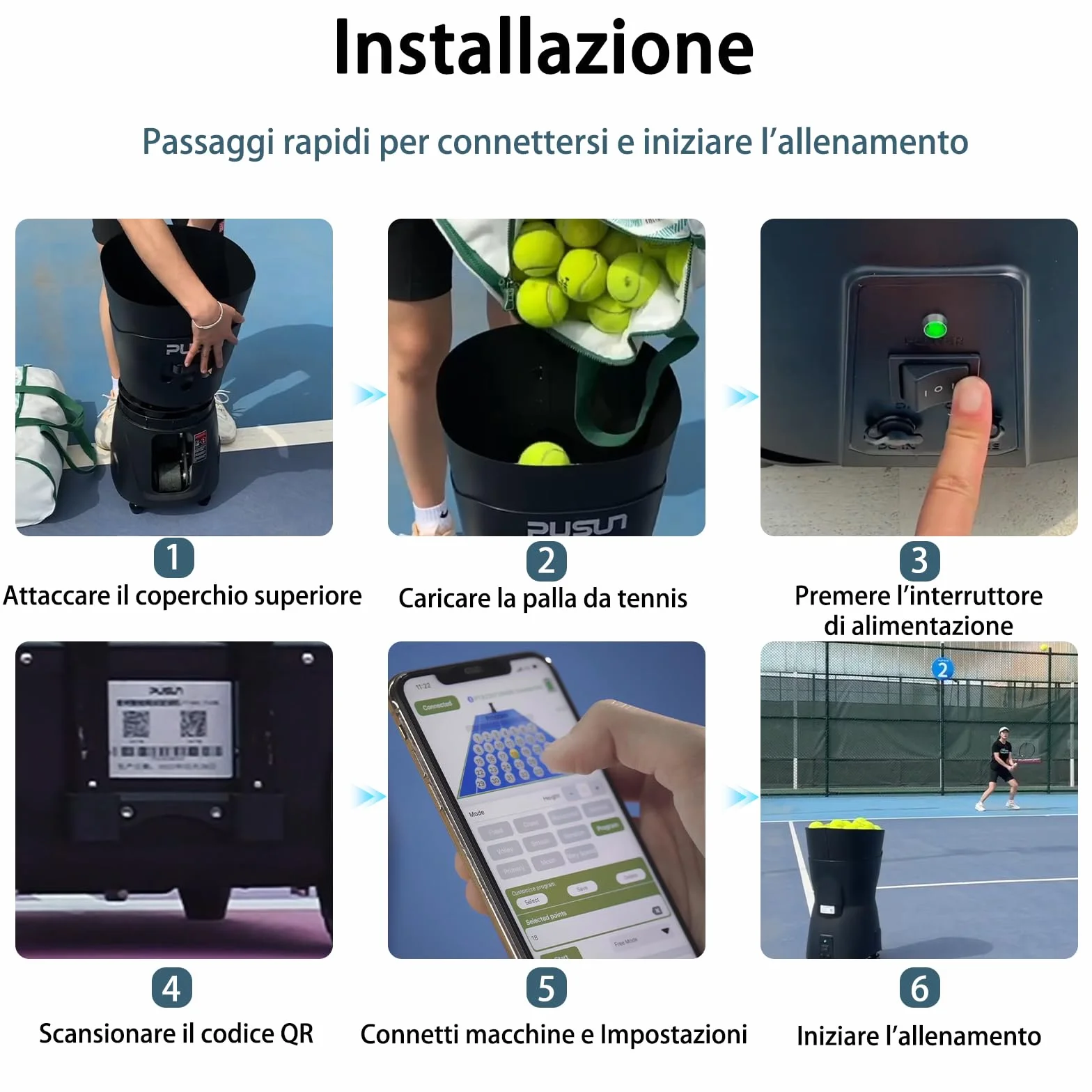 PUSUN PT-Mini PRO Macchina Lanciapalle Tennis Compatta 65+ Palline 8-60 km/h Batteria 3-5 Ore App