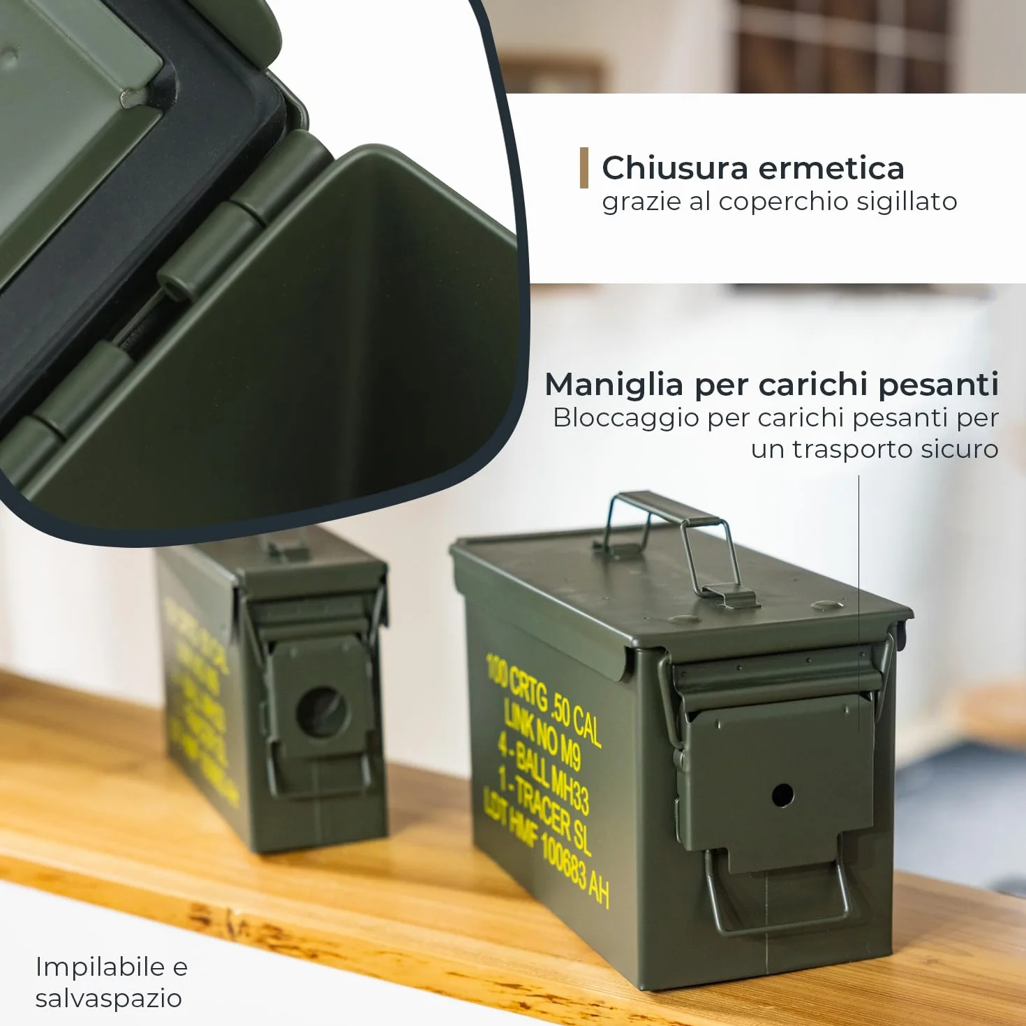 HMF 70011 Cassa per Munizioni in Stile Militare USA, Secchio Porta Munizioni, Scatola di Metallo, 30x19x15,5 cm, Verde