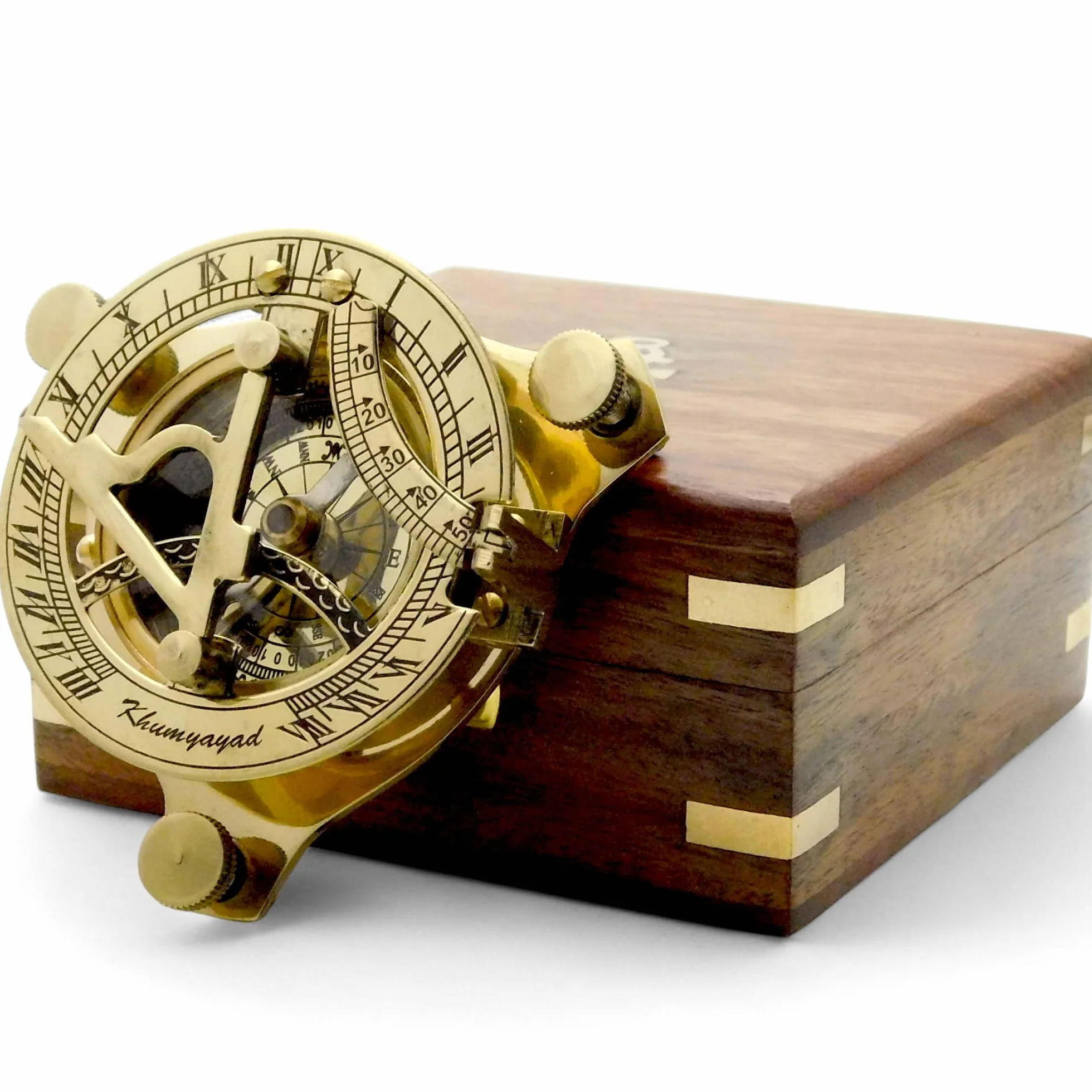 Bussola meridiana in ottone antico replica nautical con scatola in palissandro