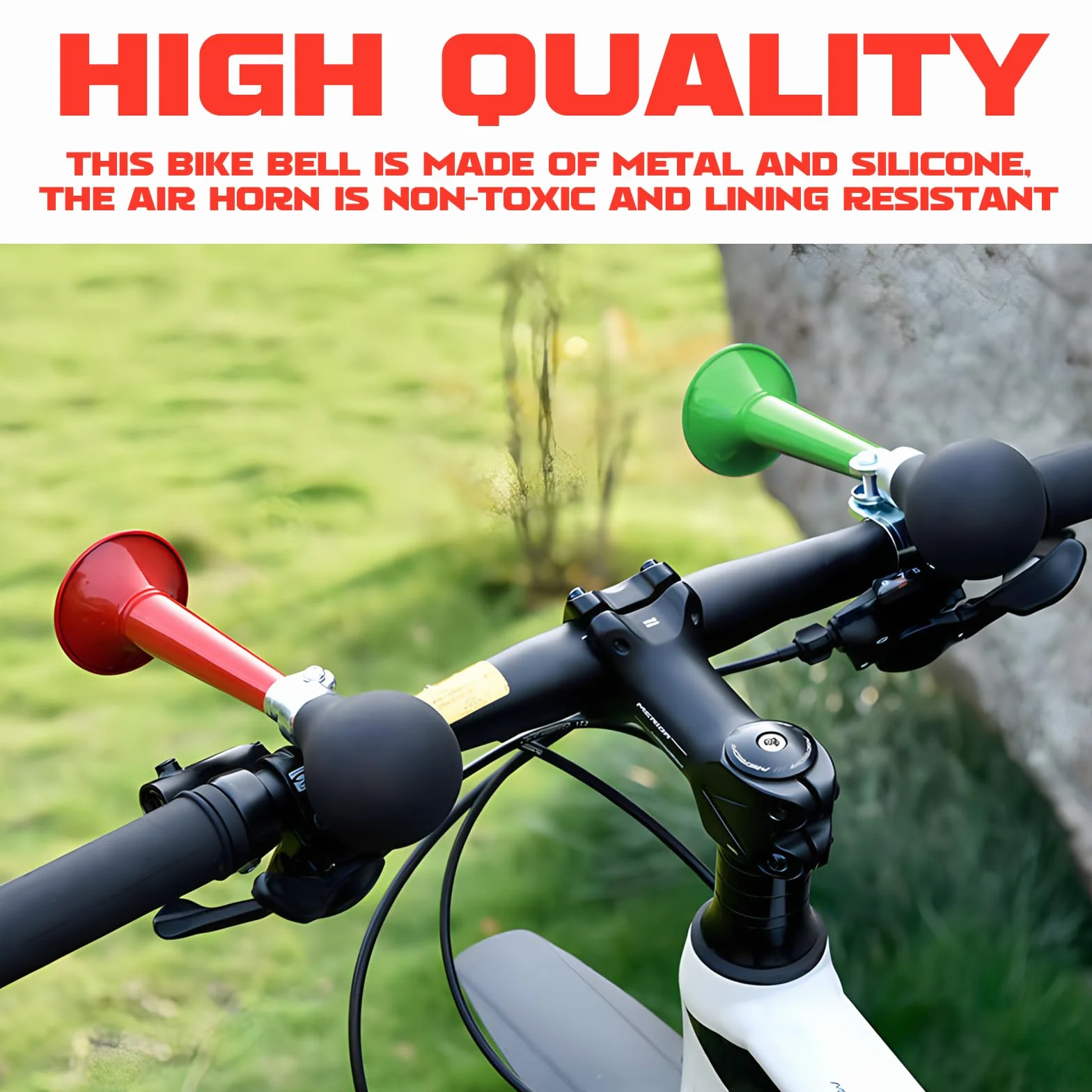 Mein HERZ 2 campanelli per bicicletta, corno in metallo cromato, 20 cm, suono di tromba (verde + rosso)