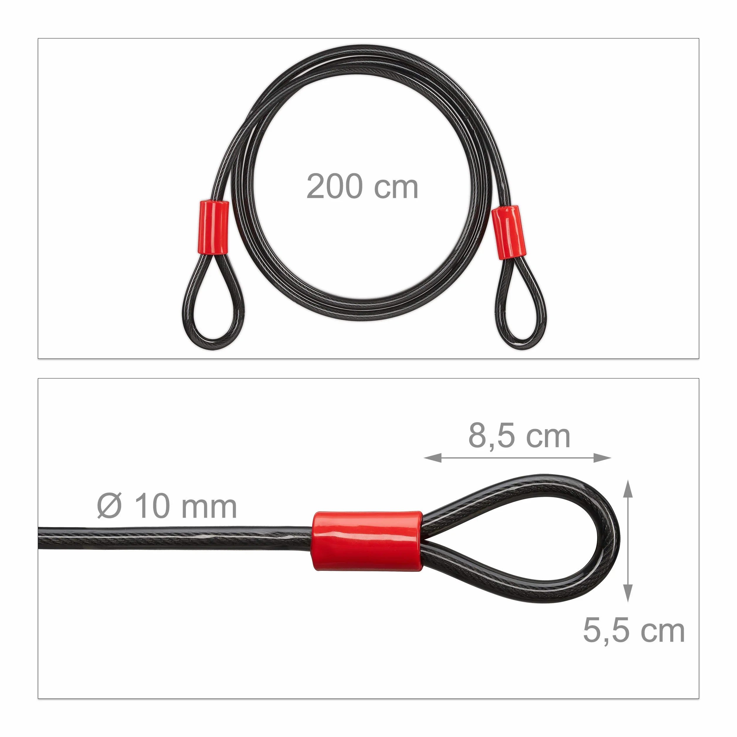 Relaxdays Cavo Extra Lungo da 2m in Acciaio Rivestito per Biciclette e Bagagli, Nero