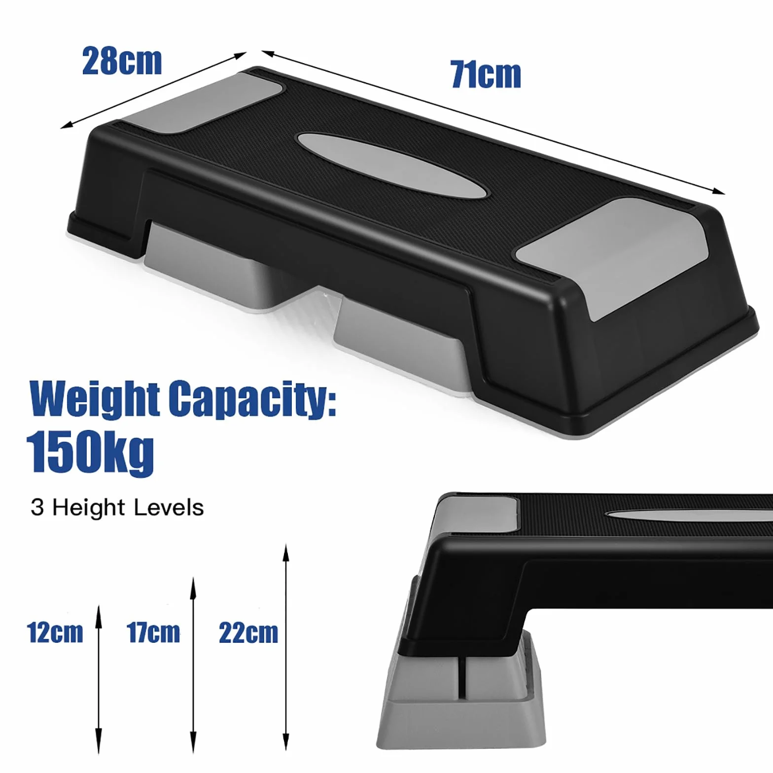 KOMFOTTEU Step Aerobic regolabile 3 livelli antiscivolo 150 kg 71x28x12/17/22 cm