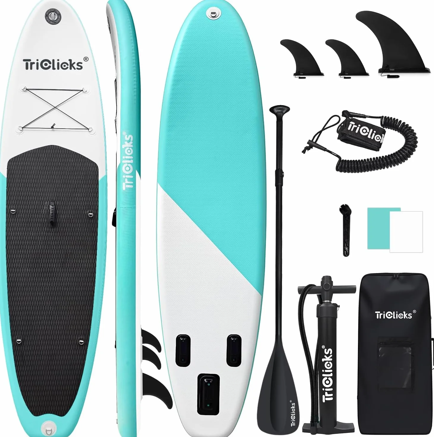 Triclicks SUP Tavola da surf gonfiabile con paletta regolabile, pompa a mano con manometro, leash, finner, zaino, 300 x 76 x 15 cm