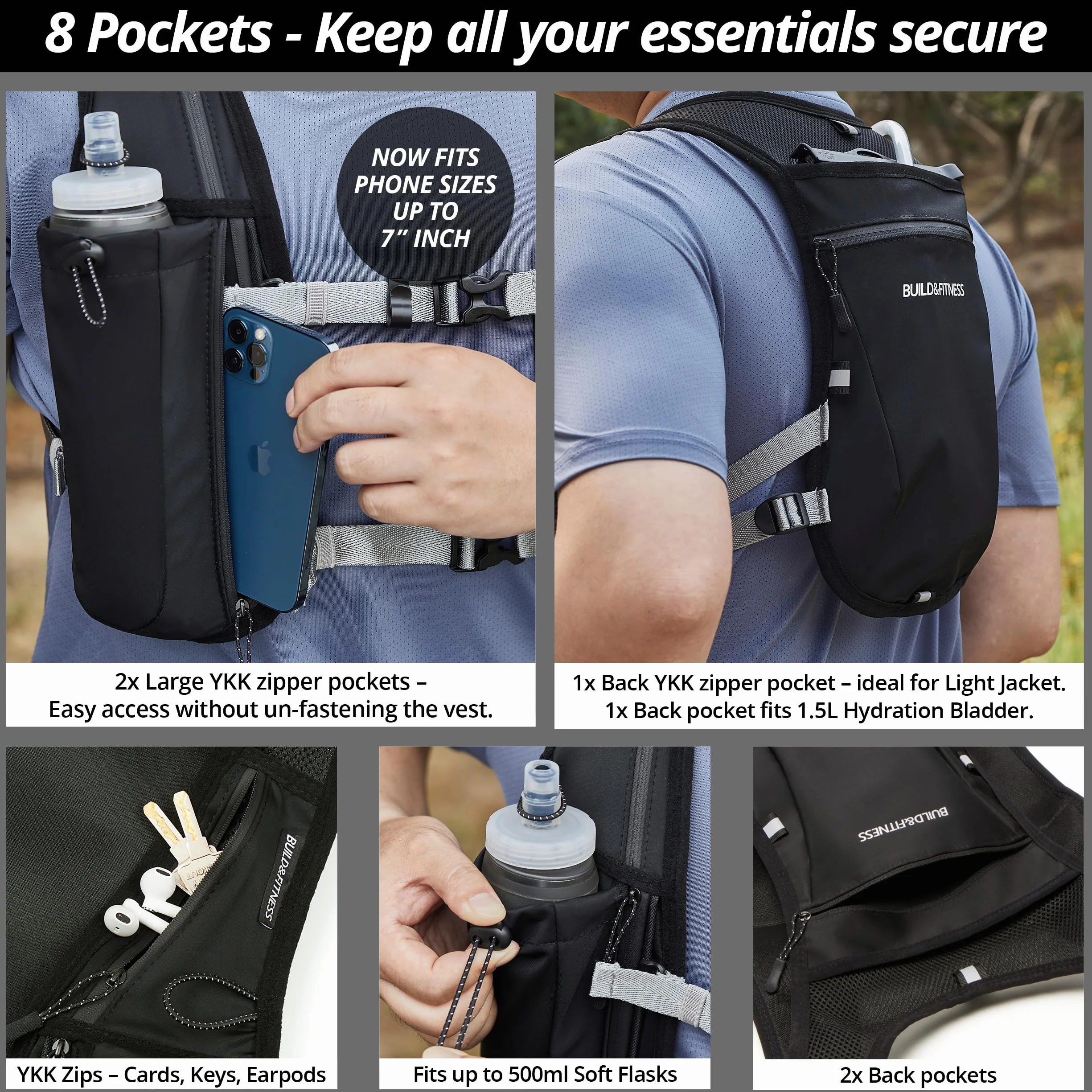 Gilet idratante da corsa riflettente 7 tasche asciugatura rapida resistente all'acqua traspirante