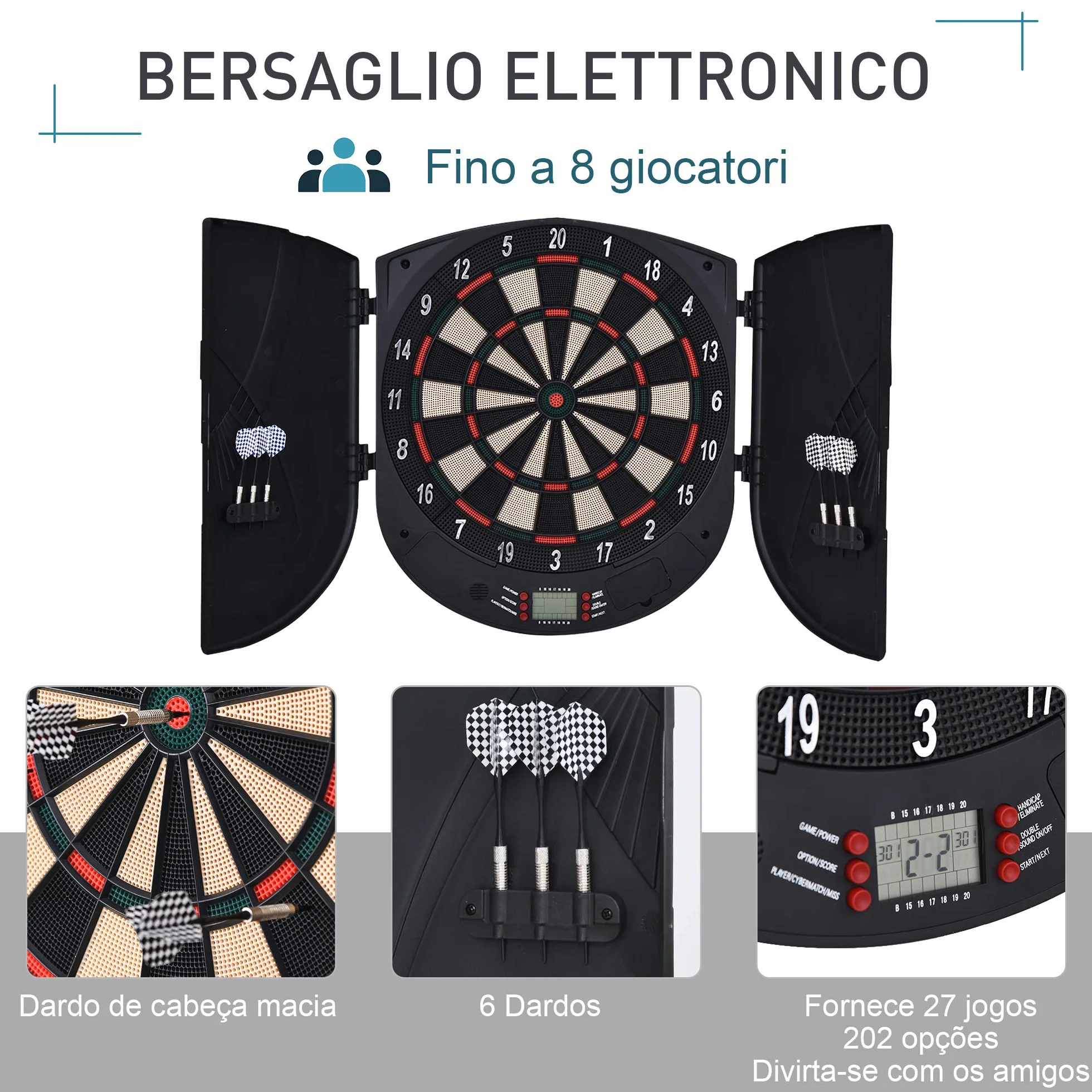 HOMCOM Bersaglio Freccette Elettronico 8 Giocatori 6 Freccette Schermo LCD 26 Modalità Gioco