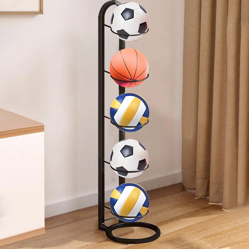 Rastrelliera da Basket Verticale 5 Livelli Porta Pallone Calcio in Metallo Scaffale Stoccaggio Sportivo - Nero