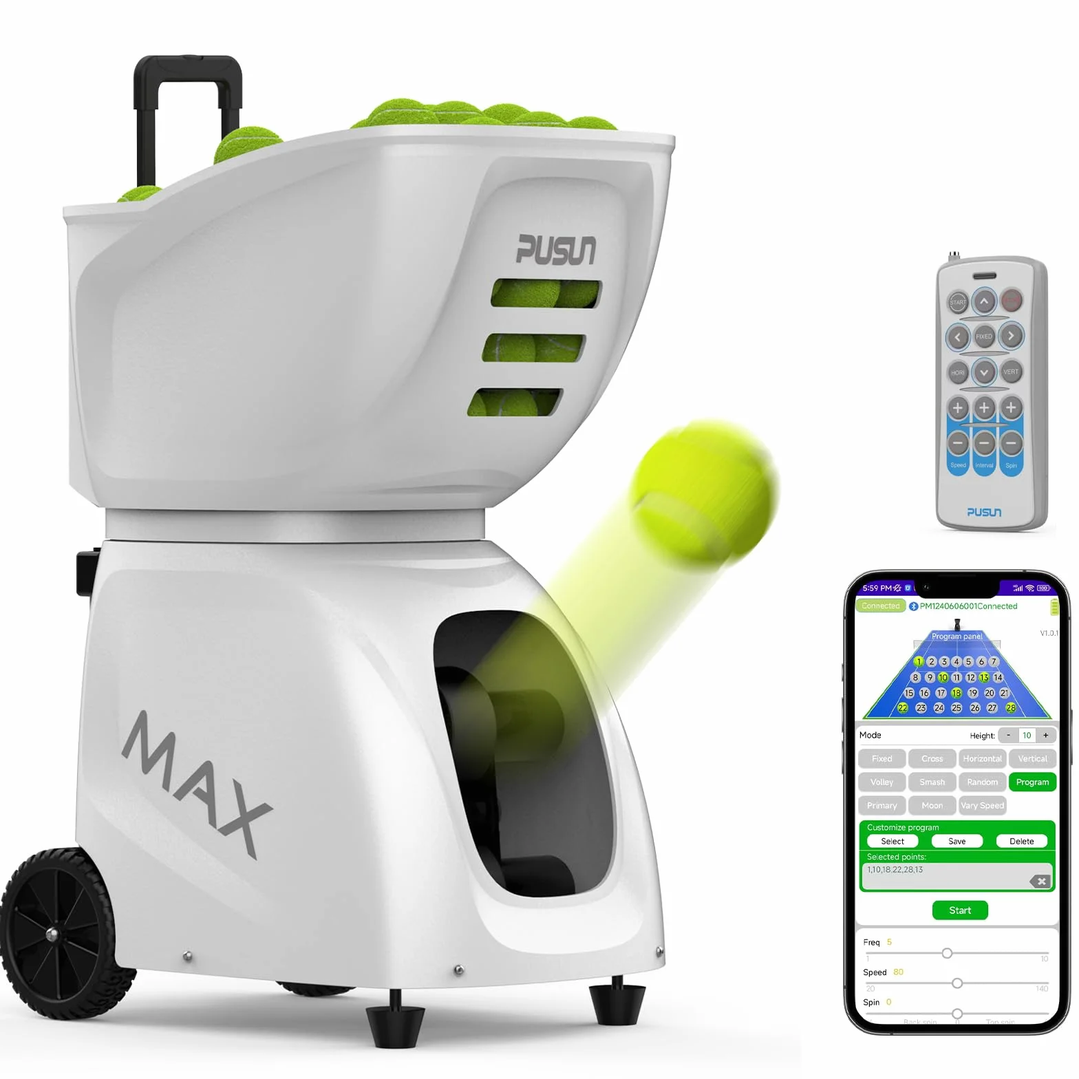 PUSUN PT-MAX C Macchina per palline da tennis professionale con controllo APP 28 punti 26 modalità allenamento velocità variabile