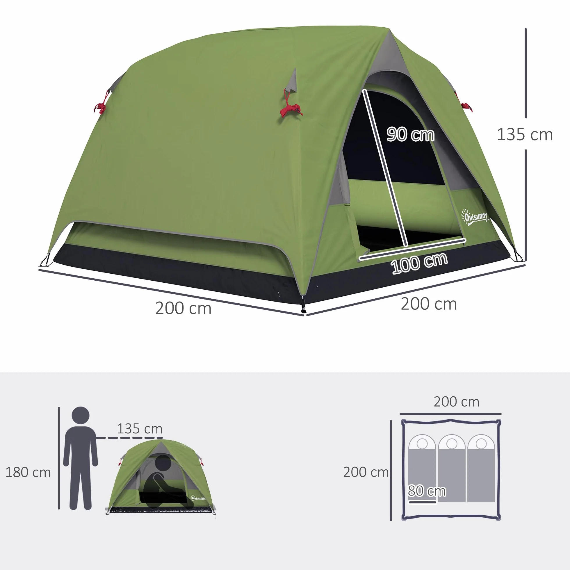 Outsunny Tenda da Campeggio 3 Persone Impermeabile 3000mm a Cupola con Pavimento
