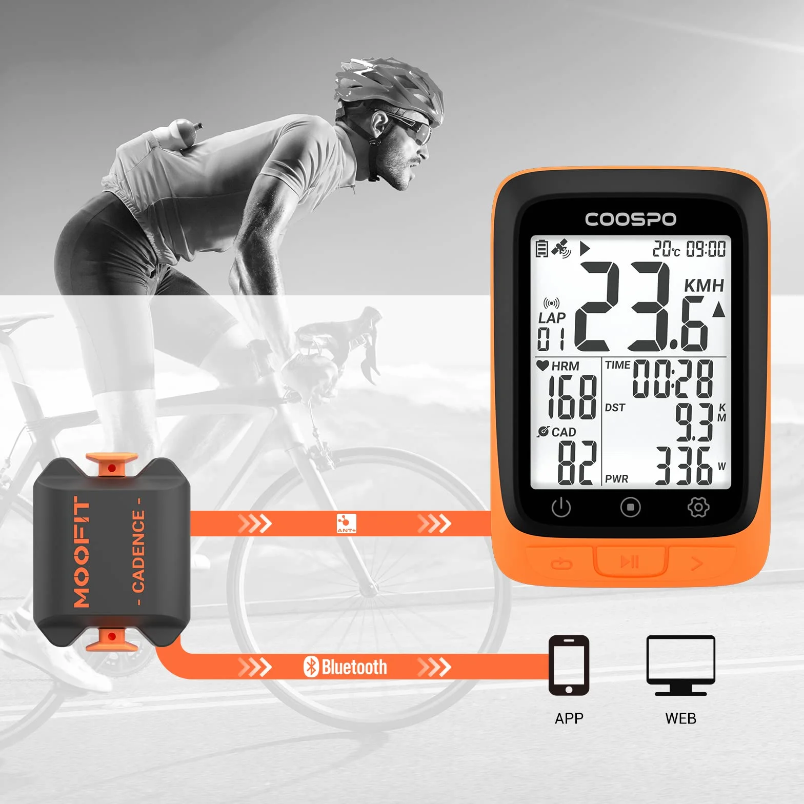 moofit CS8 Sensore di Velocità e Cadenza Wireless Bluetooth ANT+ IP67 Arancione