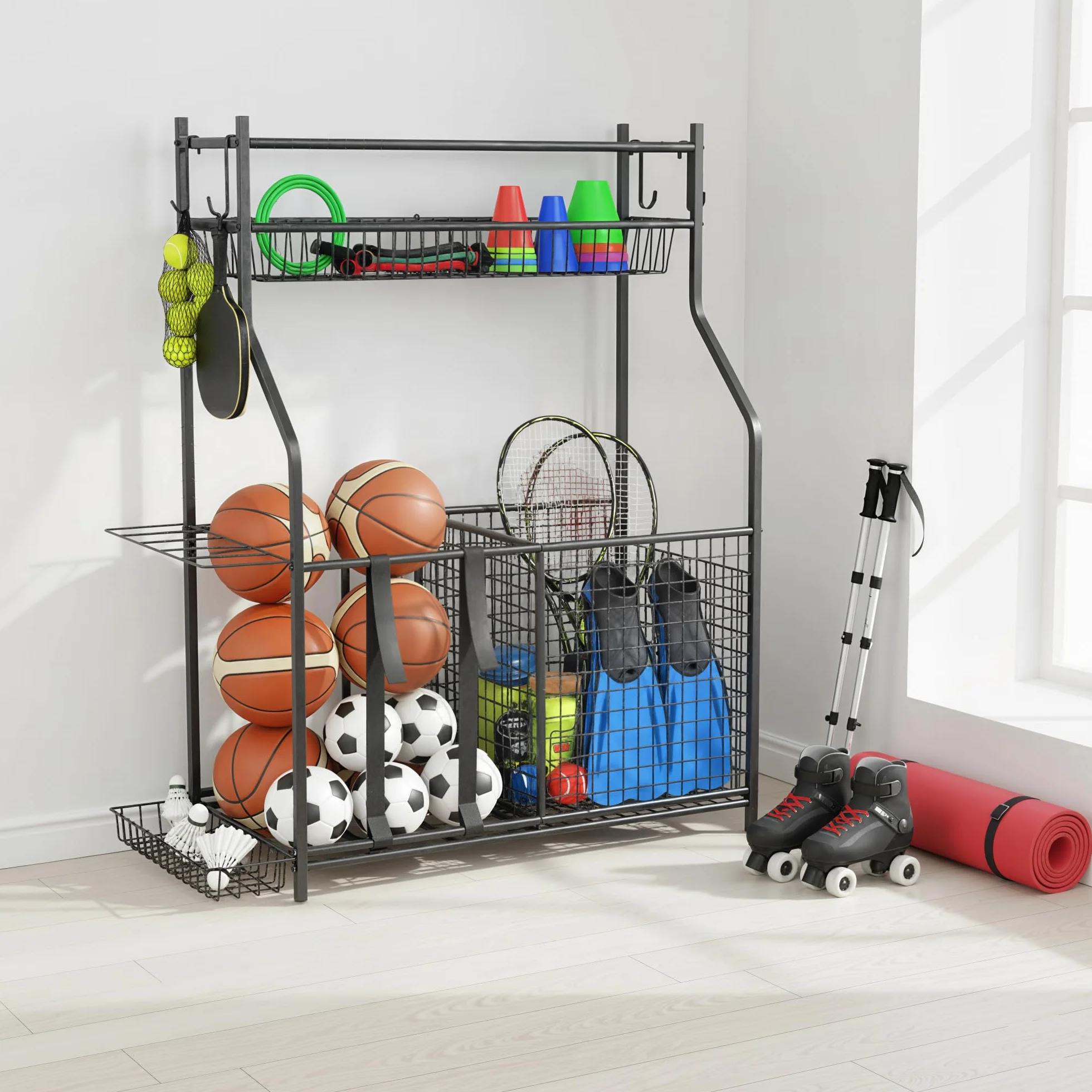 SPORTNOW Contenitore per Attrezzature Sportive, Organizzatore con Cestini e Ganci, Nero
