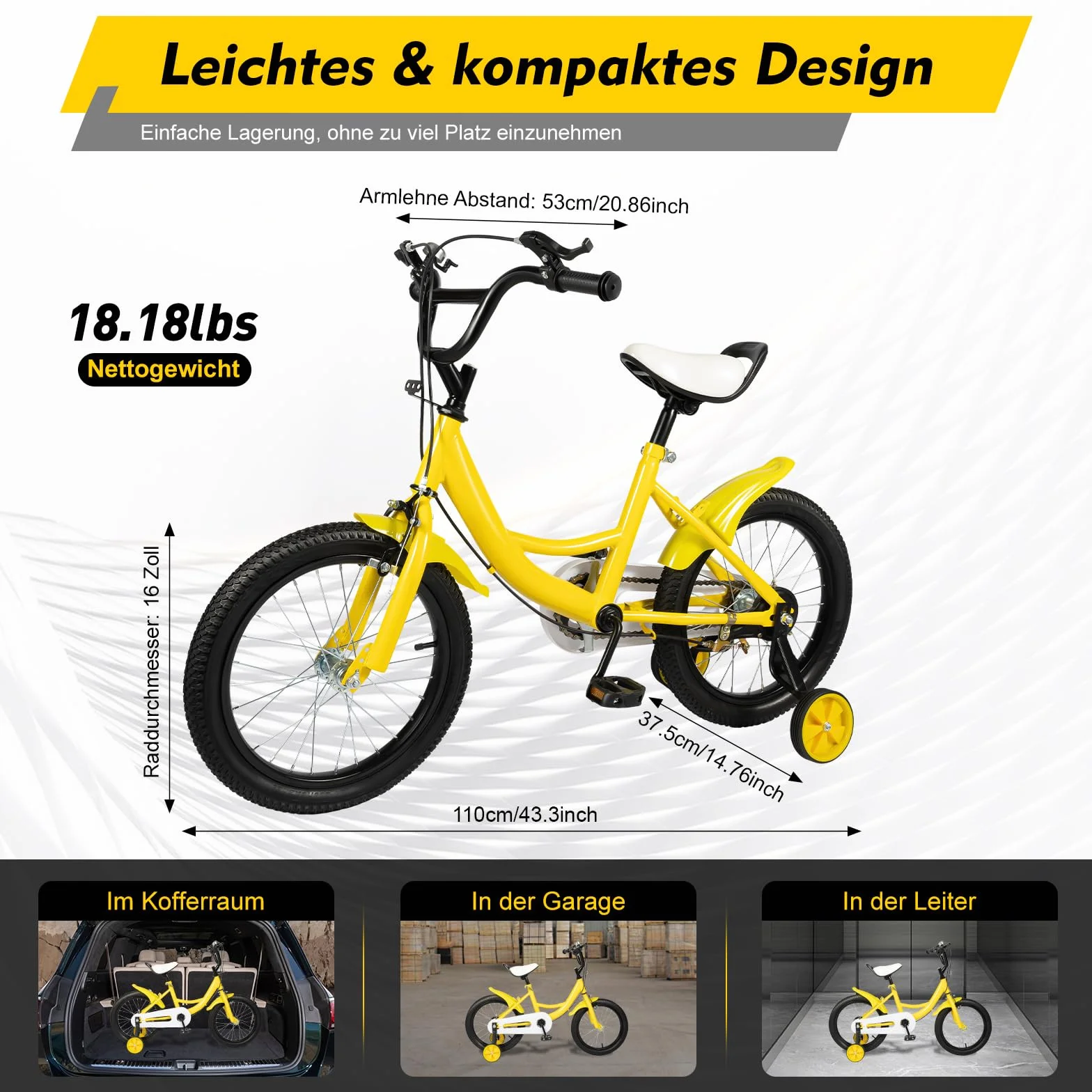 Bicicletta per bambini 16 pollici leggera con ruote di supporto regolabile in altezza compatta salvaspazio