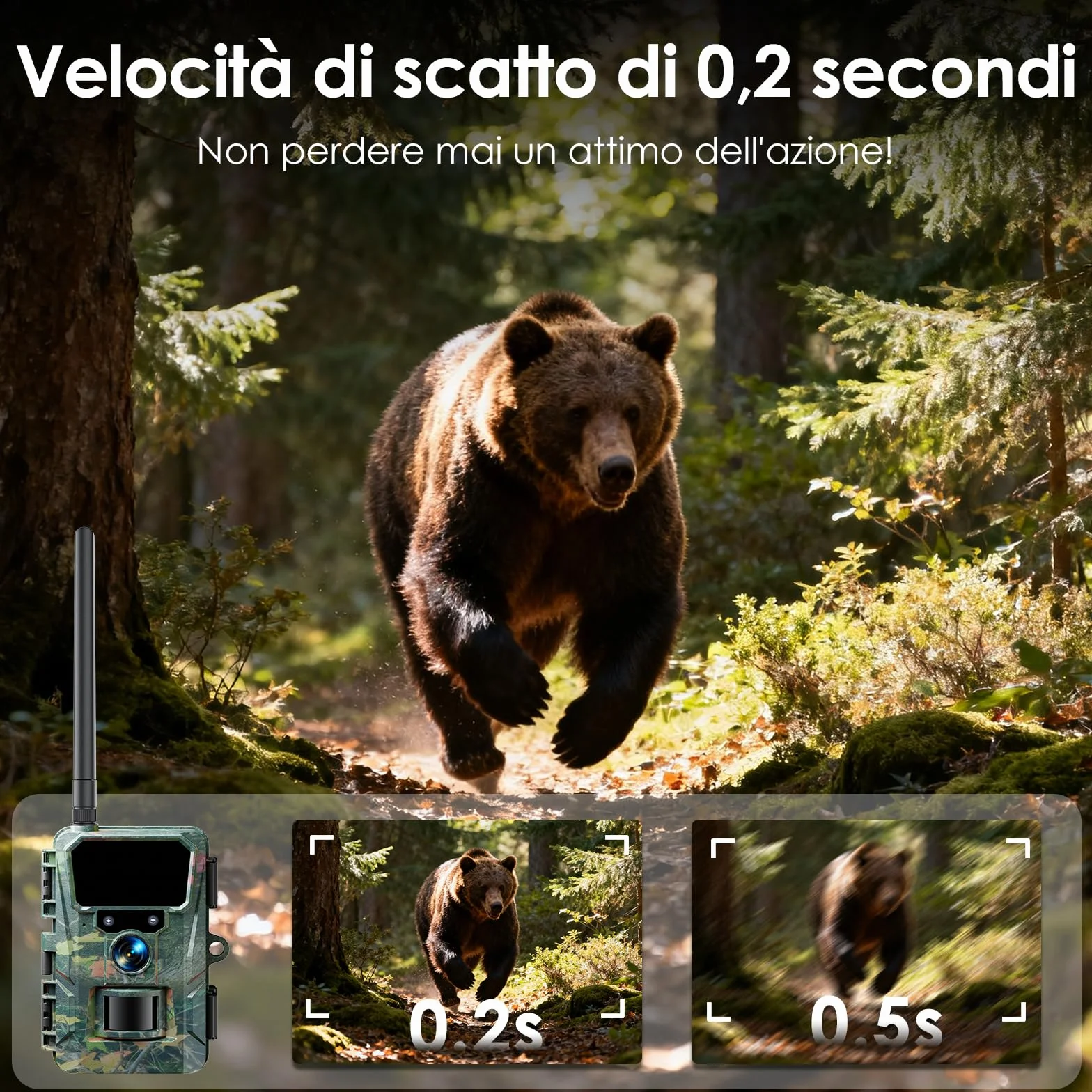 WOLFANG Fototrappola 4G con SIM 2K 48MP HD Fotocamera Caccia Infrarossi Rilevatore Movimento Visione Notturna IP66 Impermeabile